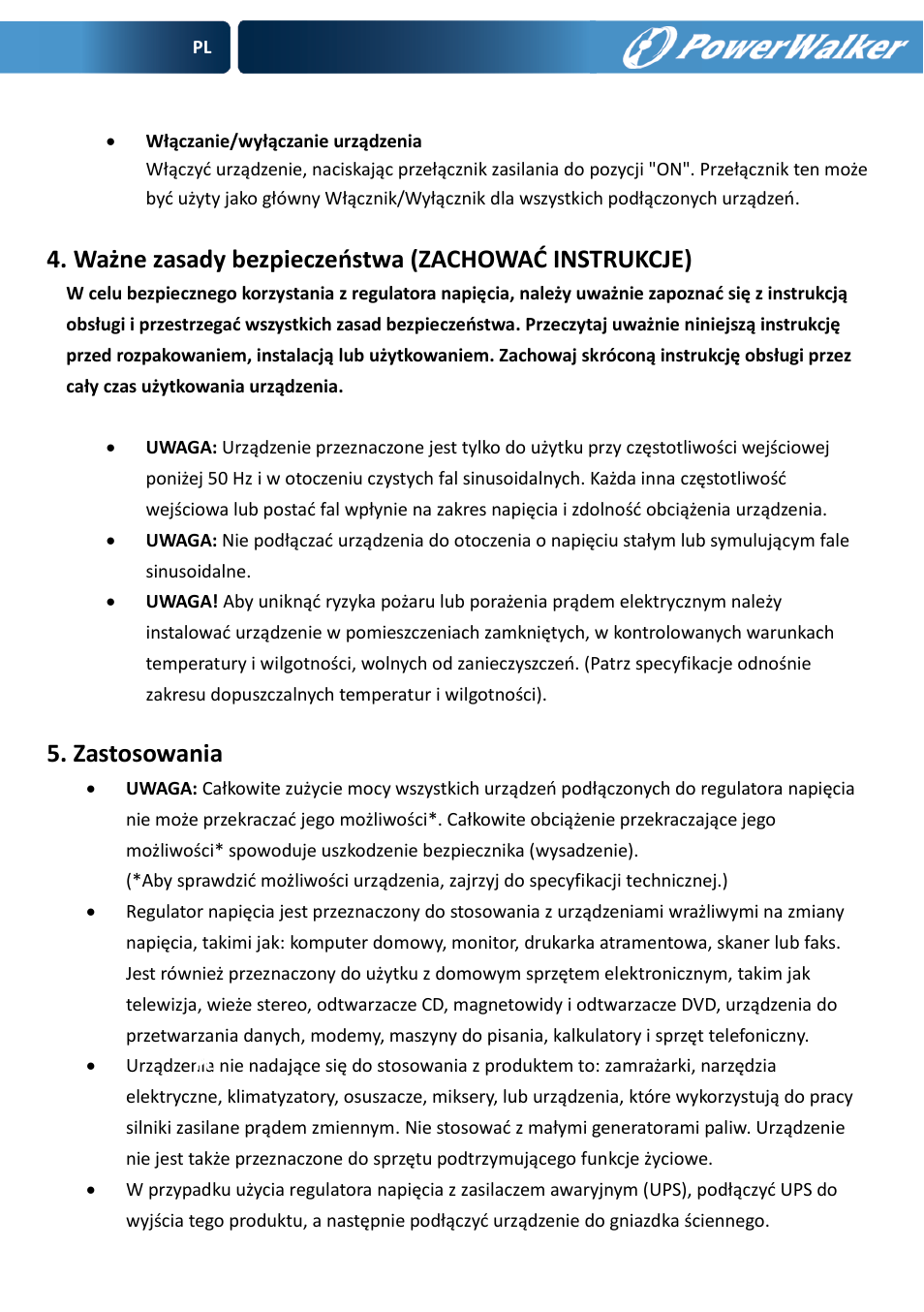 Ważne zasady bezpieczeostwa (zachowad instrukcje), Zastosowania | PowerWalker AVR 600 User Manual | Page 56 / 86