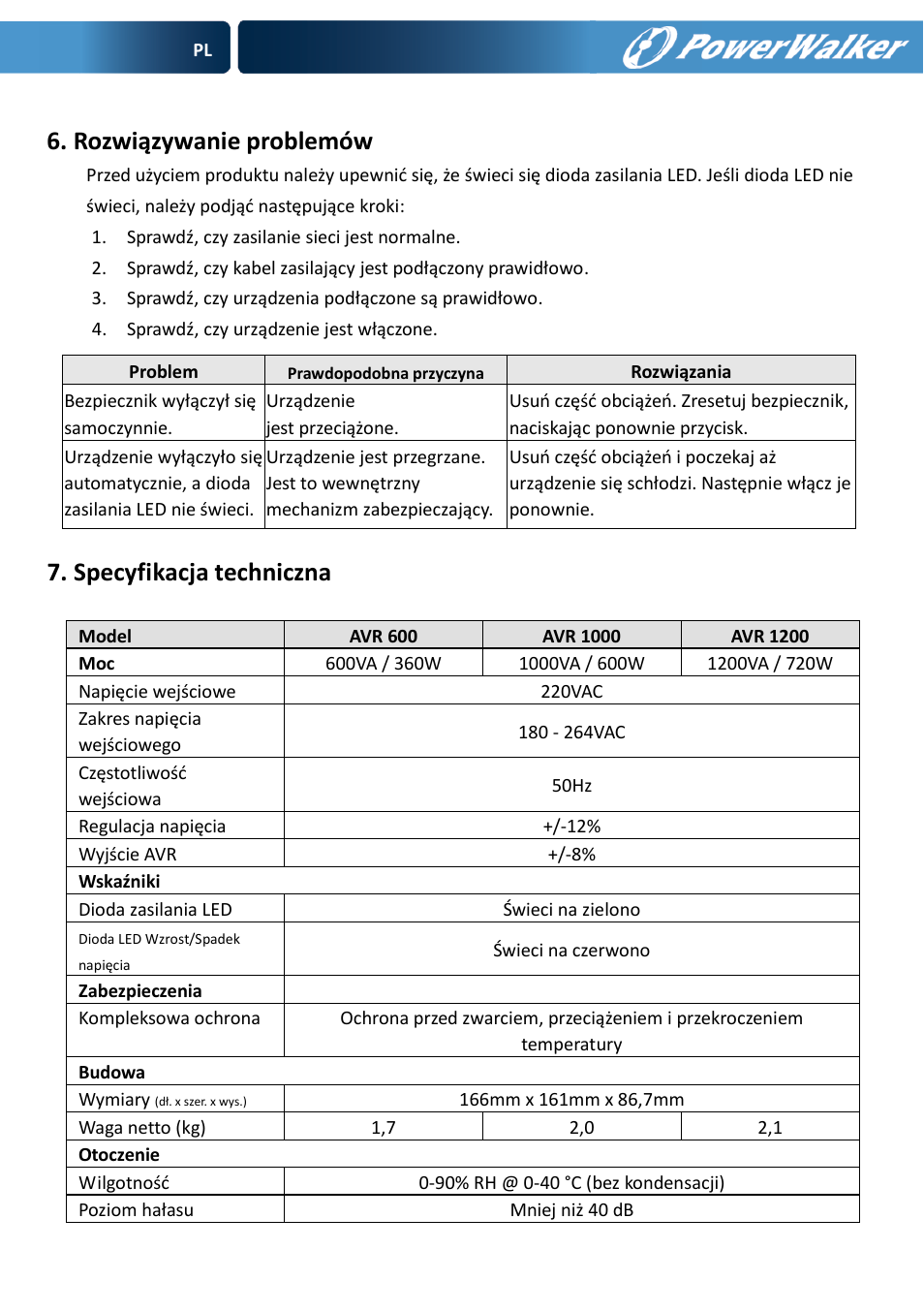 Rozwiązywanie problemów, Specyfikacja techniczna | PowerWalker AVR 600 User Manual | Page 57 / 86