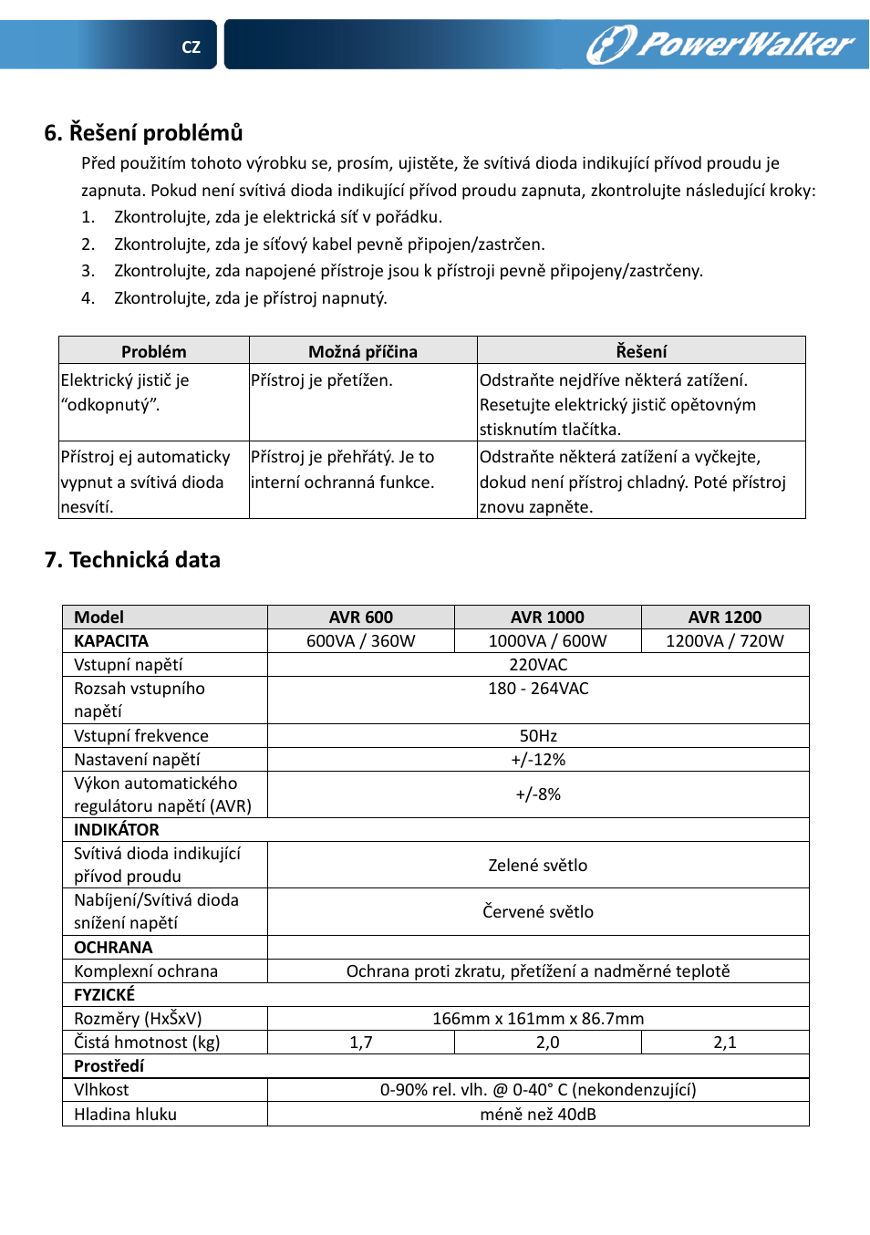 Řešení problémů, Technická data | PowerWalker AVR 600 User Manual | Page 61 / 86
