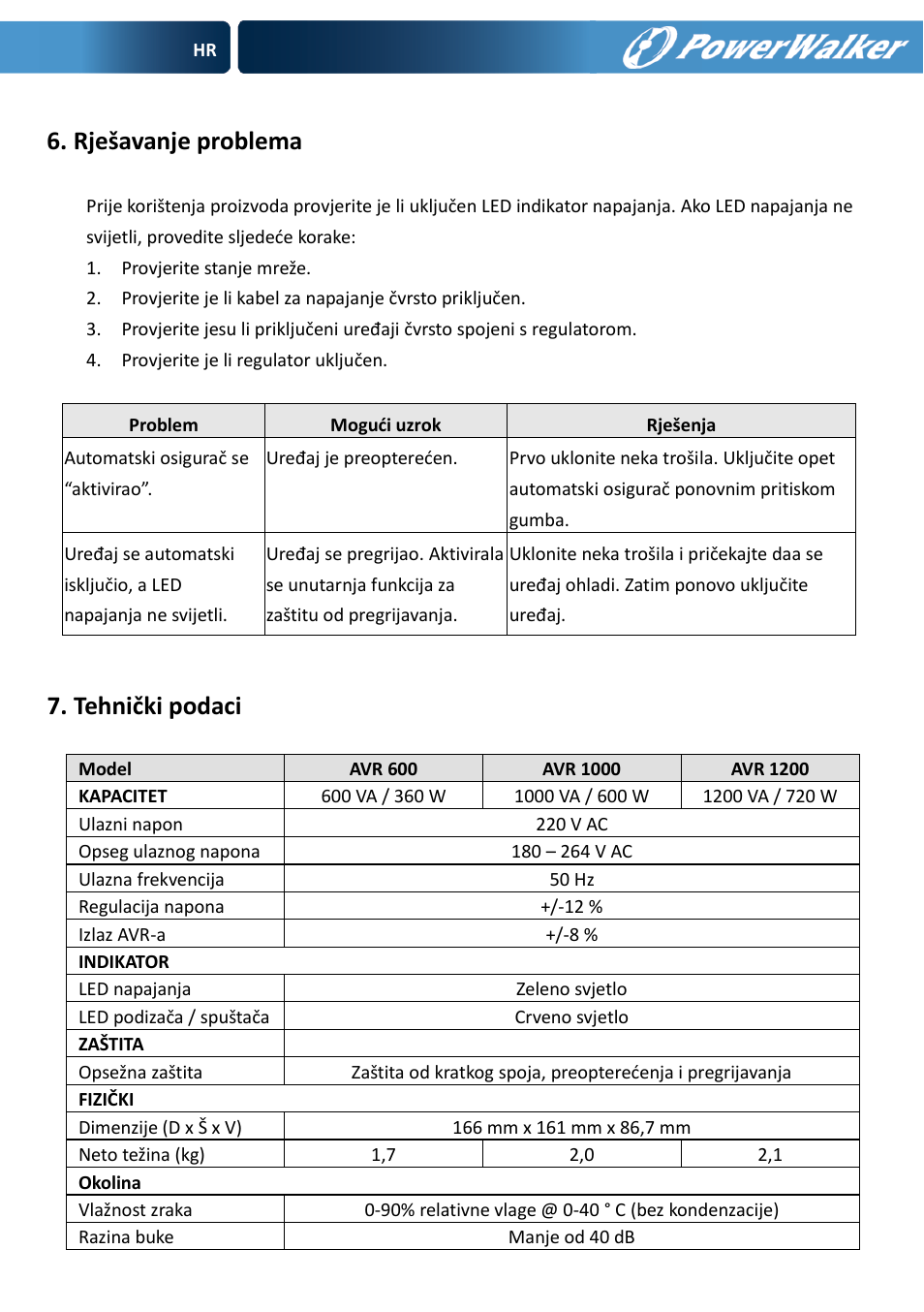 Rješavanje problema, Tehnički podaci | PowerWalker AVR 600 User Manual | Page 65 / 86