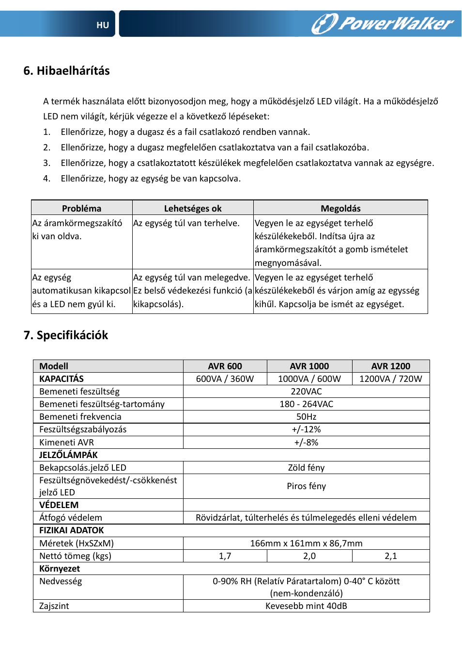 Hibaelhárítás, Specifikációk | PowerWalker AVR 600 User Manual | Page 69 / 86