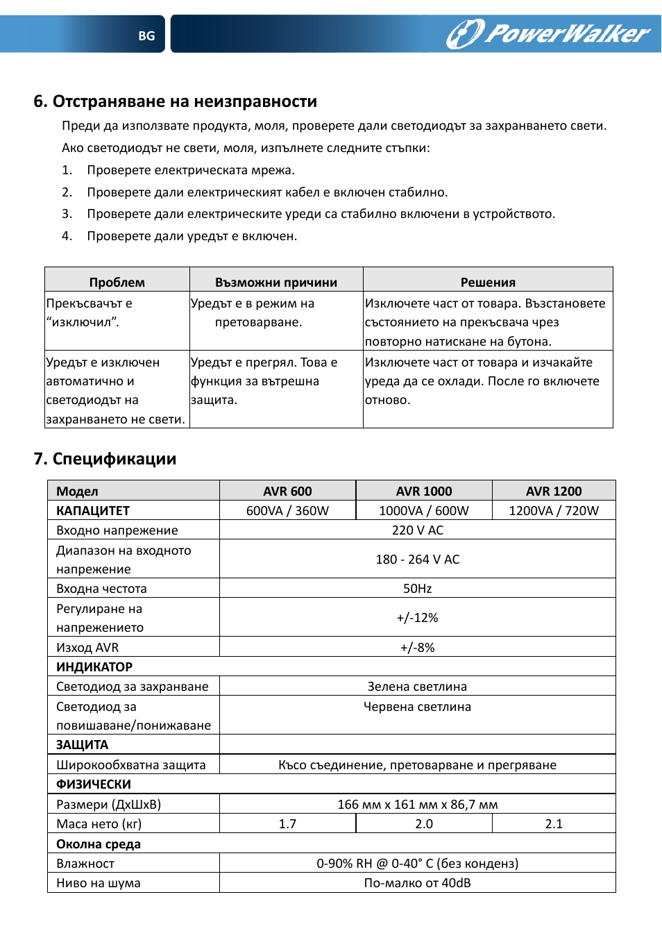 Отстраняване на неизправности, Спецификации | PowerWalker AVR 600 User Manual | Page 73 / 86