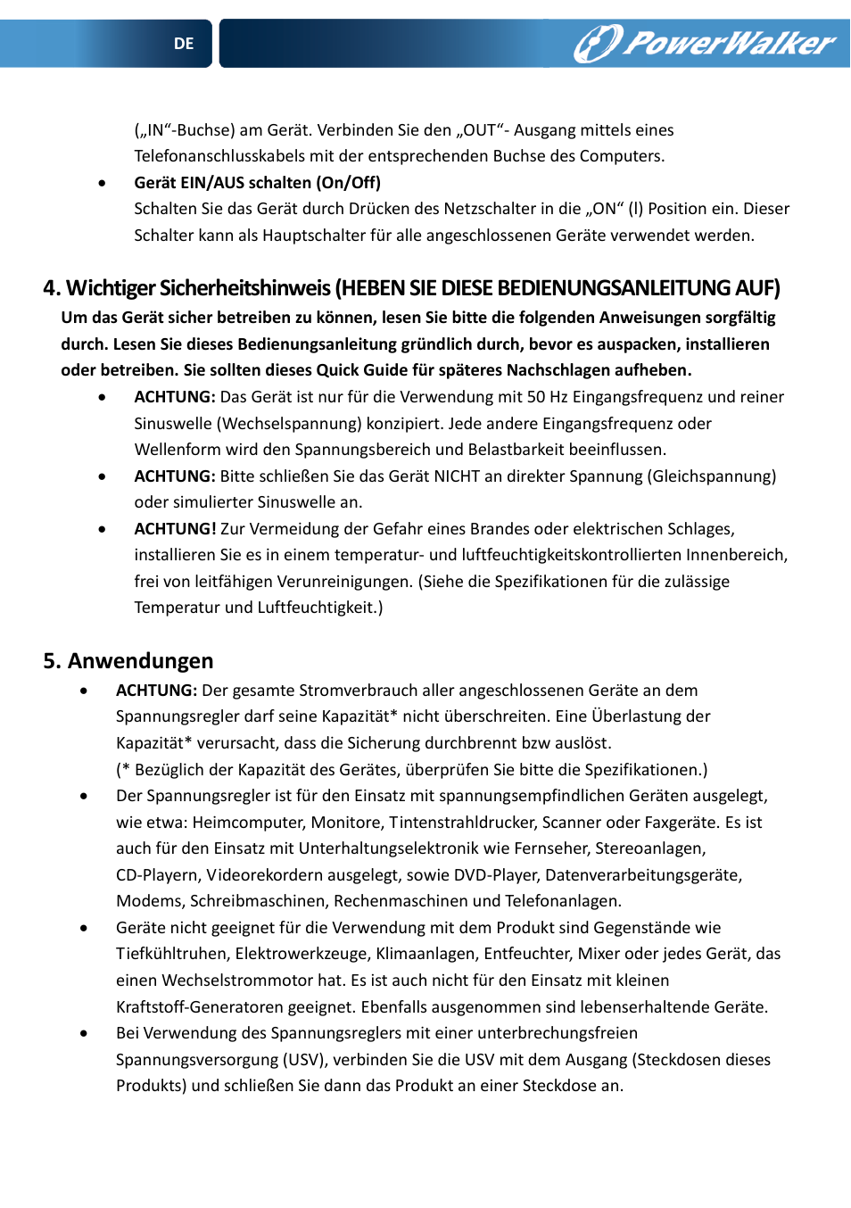 Anwendungen | PowerWalker AVR 600 User Manual | Page 8 / 86