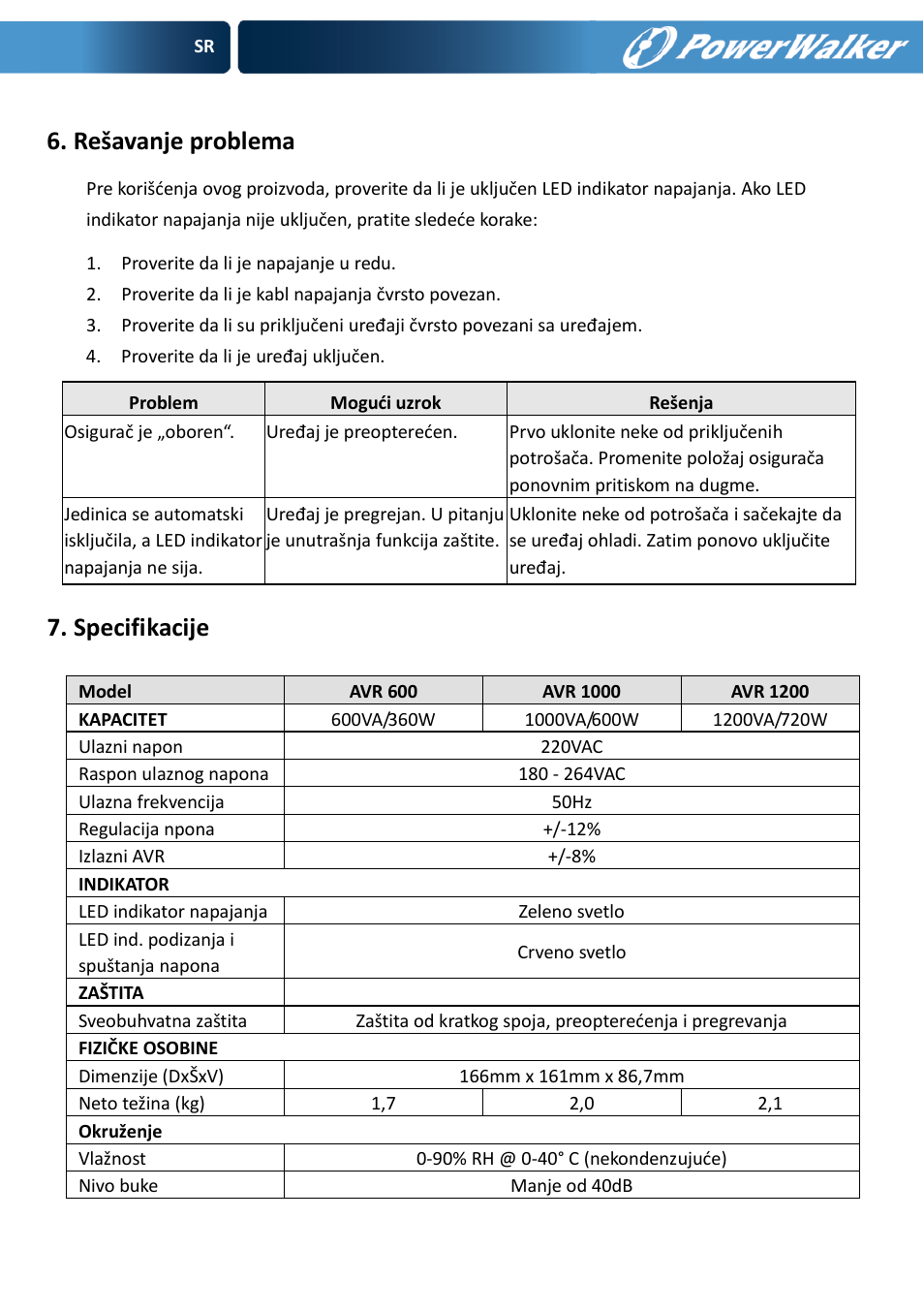 Rešavanje problema, Specifikacije | PowerWalker AVR 600 User Manual | Page 81 / 86