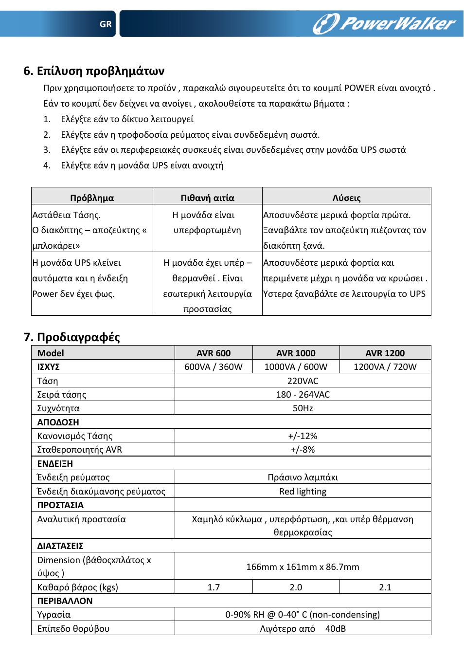 Επίλυςη προβλημάτων, Προδιαγραφζσ | PowerWalker AVR 600 User Manual | Page 85 / 86