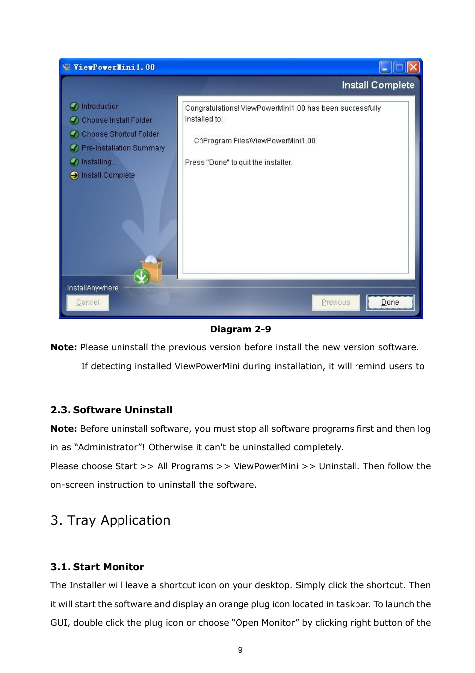 Software uninstall, Tray application, Start monitor | PowerWalker ViewPowerMini User Manual | Page 10 / 64