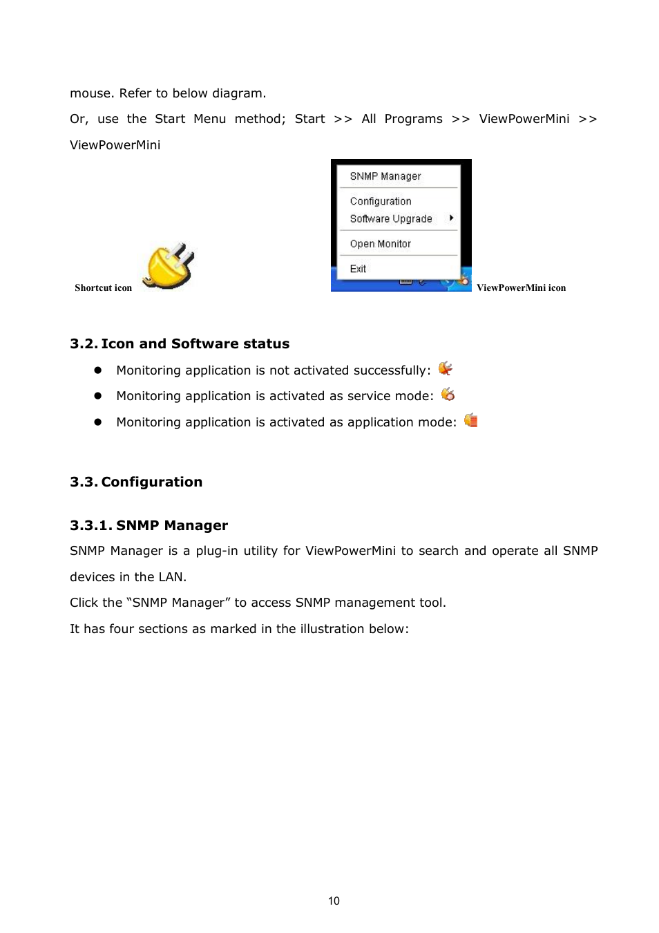 Icon and software status, Configuration, Snmp manager | PowerWalker ViewPowerMini User Manual | Page 11 / 64