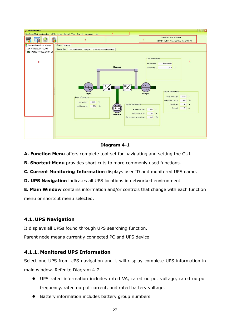 Ups navigation, Monitored ups information | PowerWalker ViewPowerMini User Manual | Page 28 / 64