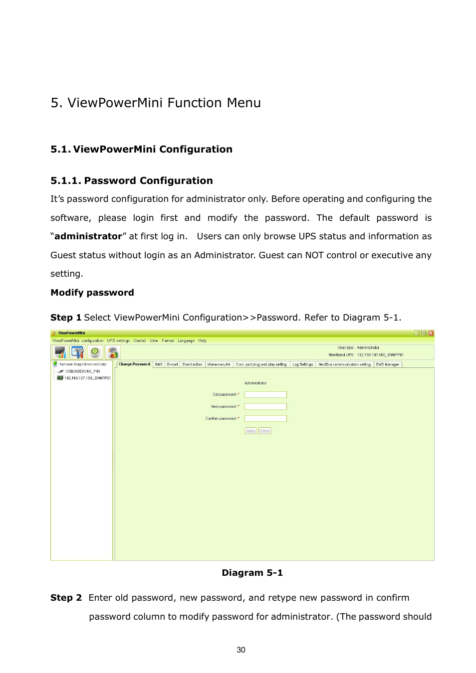 Viewpowermini function menu, Viewpowermini configuration, Password configuration | PowerWalker ViewPowerMini User Manual | Page 31 / 64