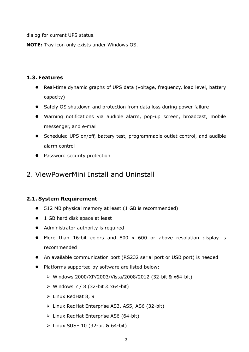 Features, Viewpowermini install and uninstall, System requirement | PowerWalker ViewPowerMini User Manual | Page 4 / 64