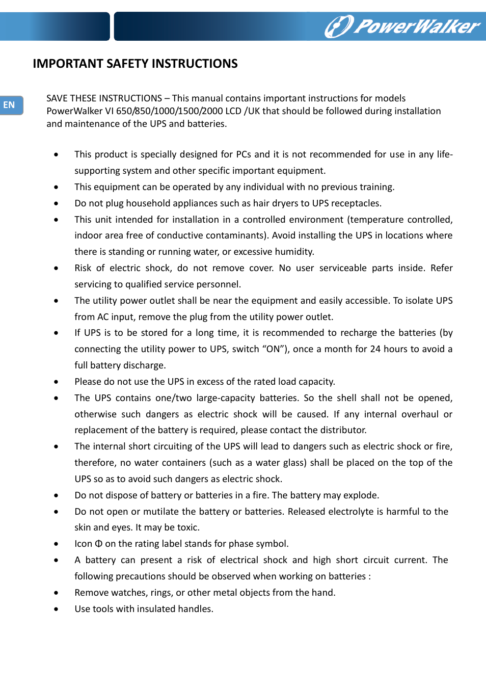 Important safety instructions | PowerWalker VI 650 LCD_UK User Manual | Page 2 / 8