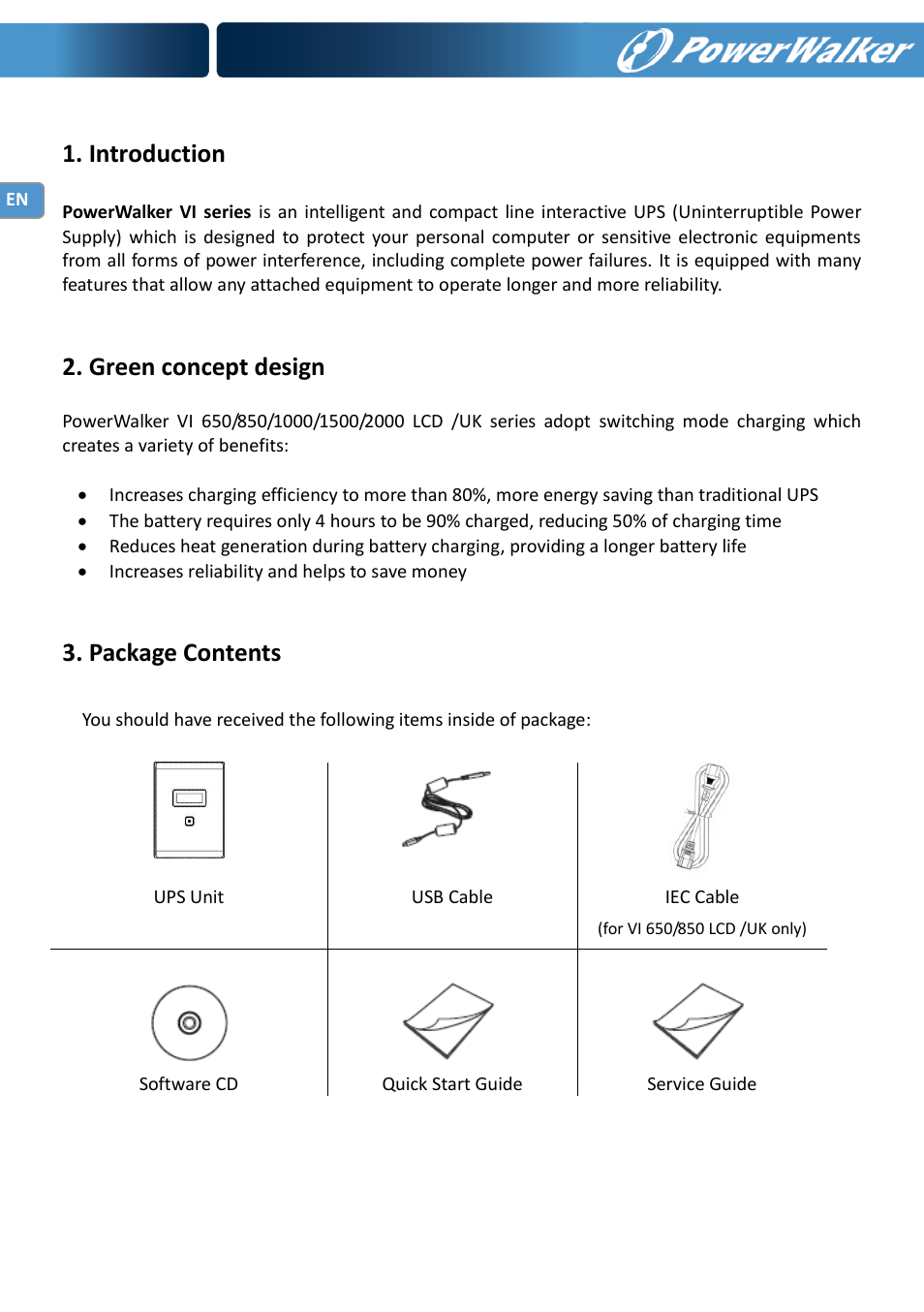 Introduction, Green concept design, Package contents | PowerWalker VI 650 LCD_UK User Manual | Page 4 / 8