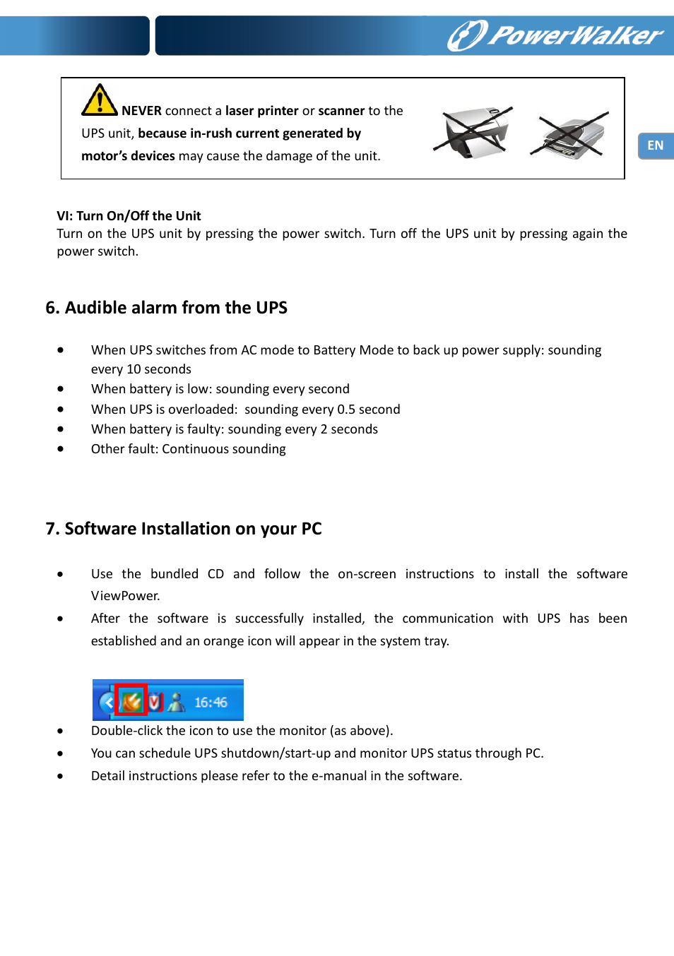 Audible alarm from the ups, Software installation on your pc | PowerWalker VI 650 LCD_UK User Manual | Page 7 / 8