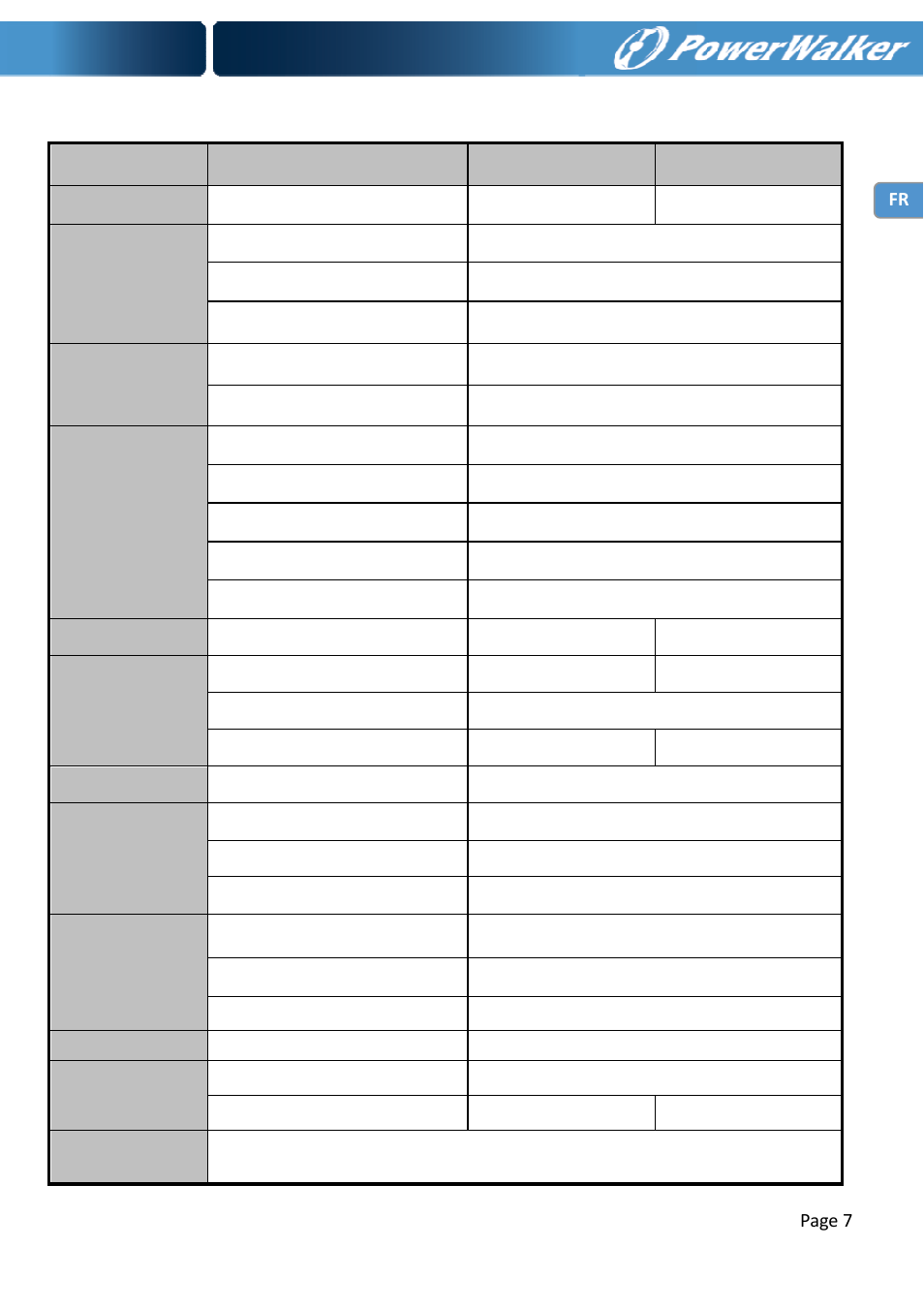 Specifications techniques, Page 7 fr | PowerWalker Inverter 1000 User Manual | Page 23 / 24