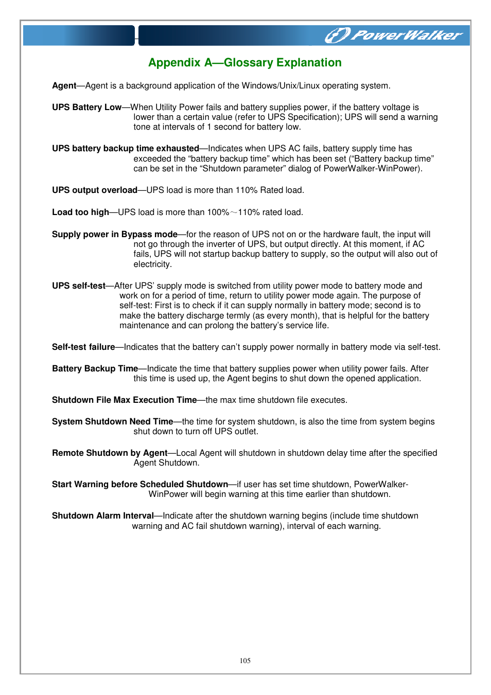 Appendix a—glossary explanation | PowerWalker WinPower Software V.4.3.0.1 Manual User Manual | Page 105 / 109