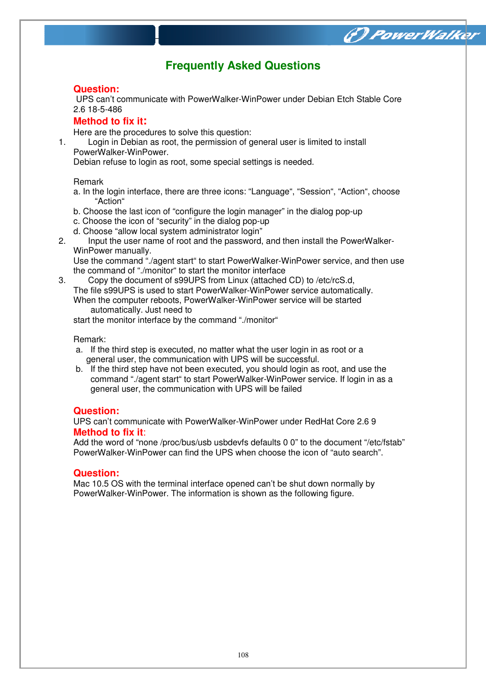 Frequently asked questions | PowerWalker WinPower Software V.4.3.0.1 Manual User Manual | Page 108 / 109