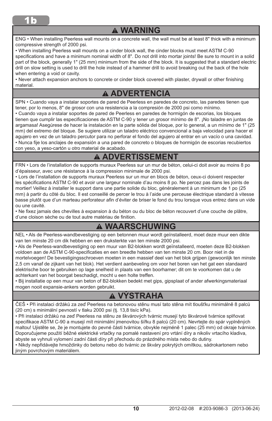 Warning, Waarschuwing, Advertissement | Advertencia, Výstraha | Peerless-AV SF680P - Installation User Manual | Page 10 / 20
