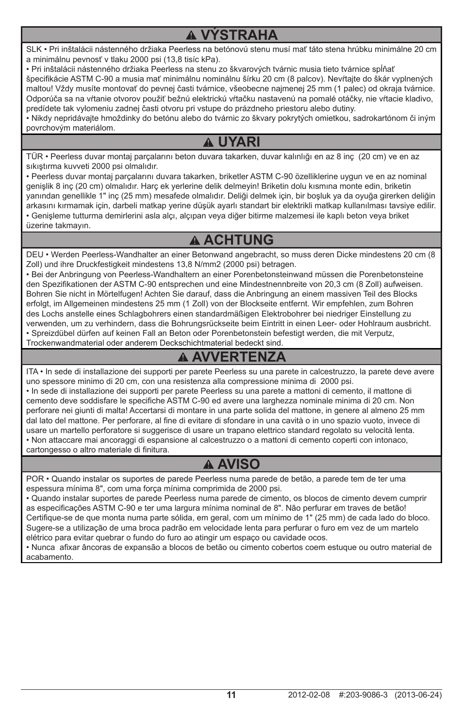Uyari, Aviso, Výstraha | Avvertenza, Achtung | Peerless-AV SF680P - Installation User Manual | Page 11 / 20