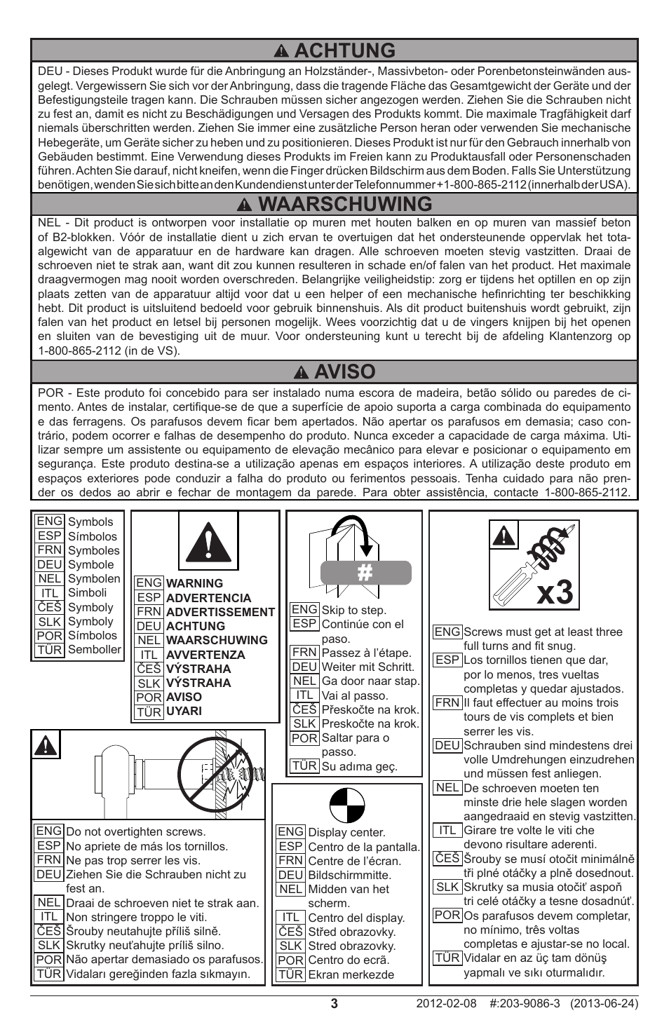 Waarschuwing, Achtung, Aviso | Peerless-AV SF680P - Installation User Manual | Page 3 / 20