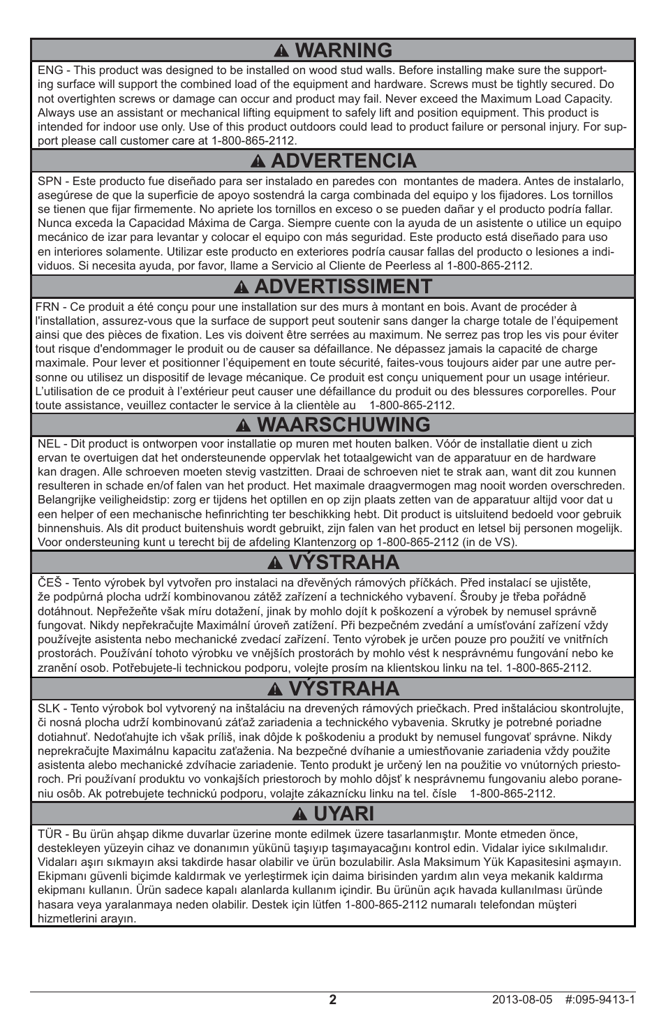 Warning, Výstraha, Advertencia | Advertissiment, Uyari, Waarschuwing | Peerless-AV IB40-W - Installation User Manual | Page 2 / 16