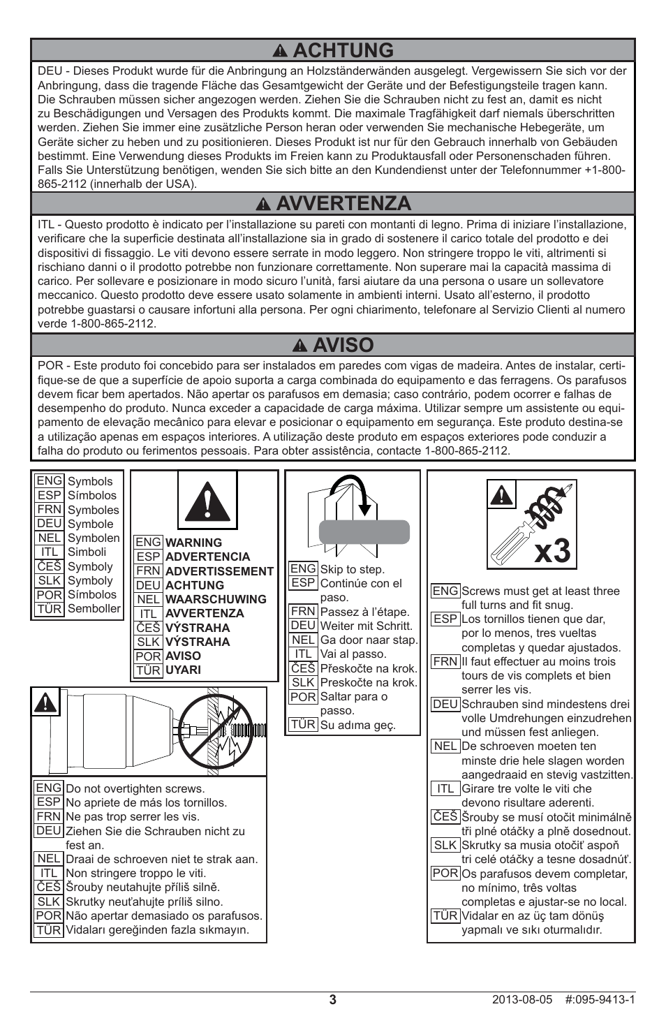 Achtung, Avvertenza, Aviso | Peerless-AV IB40-W - Installation User Manual | Page 3 / 16