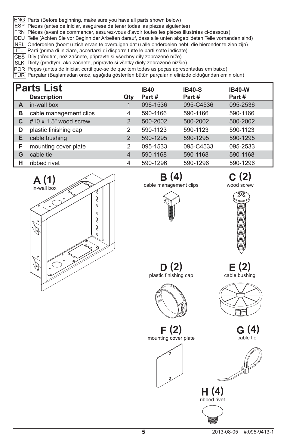 Parts list, A (1), B (4) | E (2), F (2), D (2), C (2), G (4), H (4) | Peerless-AV IB40-W - Installation User Manual | Page 5 / 16