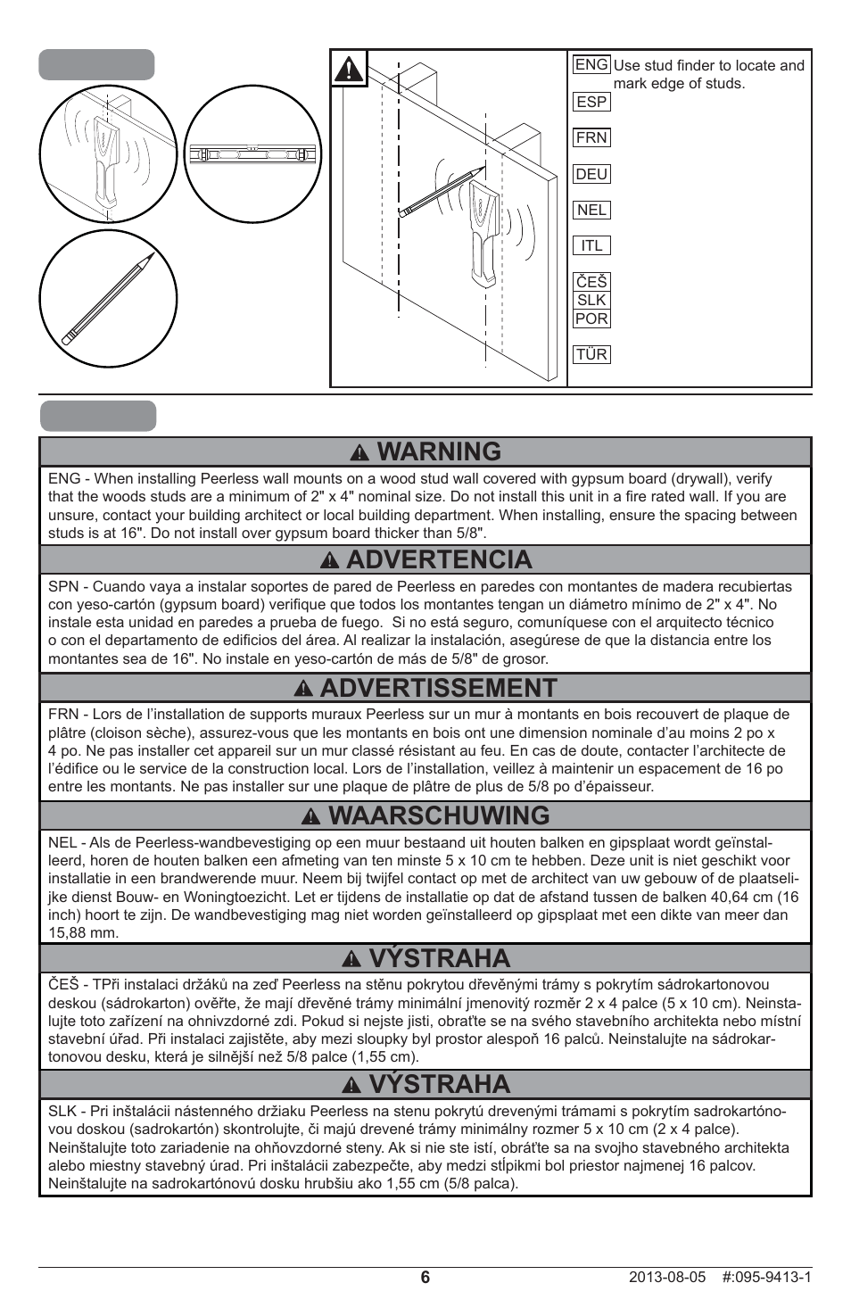 Warning, Výstraha, Advertencia | Waarschuwing, Advertissement | Peerless-AV IB40-W - Installation User Manual | Page 6 / 16