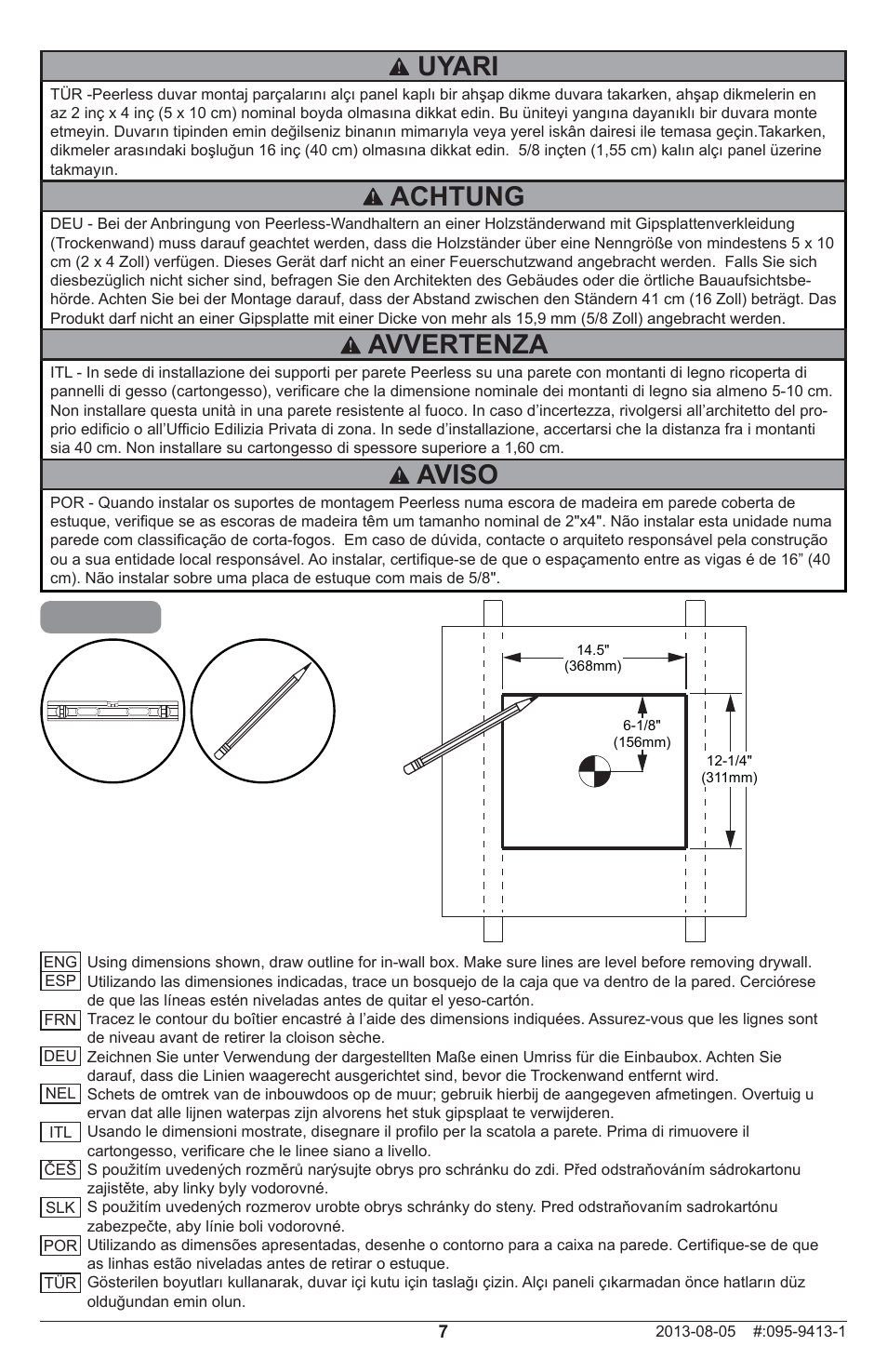 Uyari, Achtung avvertenza, Aviso | Peerless-AV IB40-W - Installation User Manual | Page 7 / 16