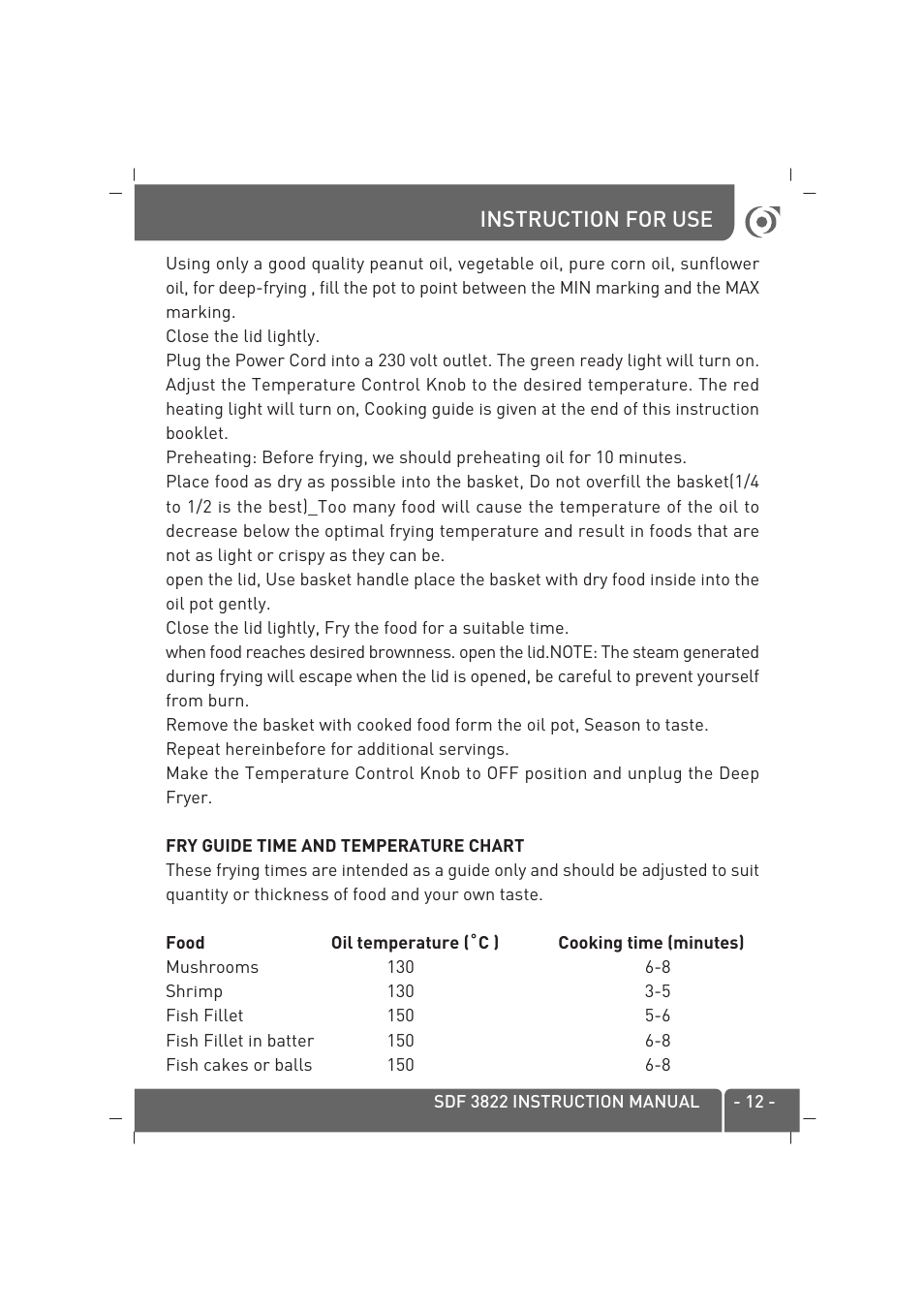 Instruction for use | SINBO SDF 3822 User Manual | Page 13 / 48