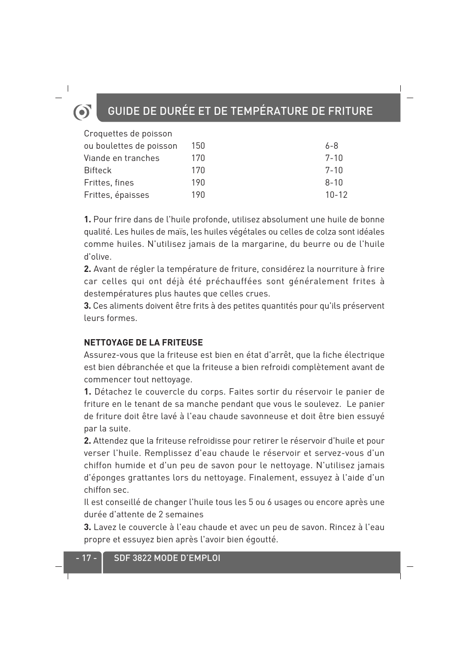 Guide de durée et de température de friture | SINBO SDF 3822 User Manual | Page 18 / 48