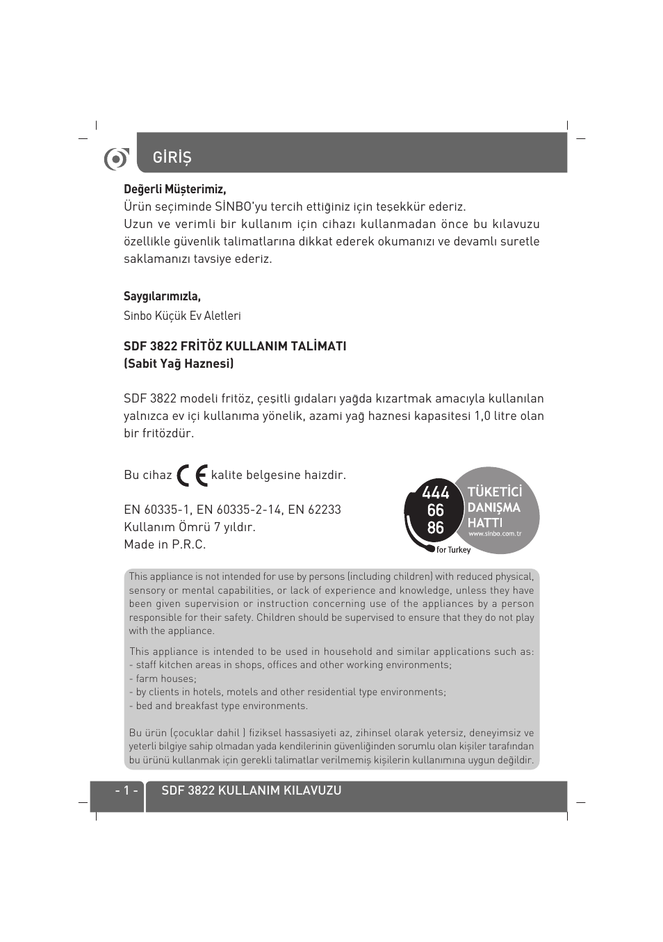 G‹r‹fi | SINBO SDF 3822 User Manual | Page 2 / 48