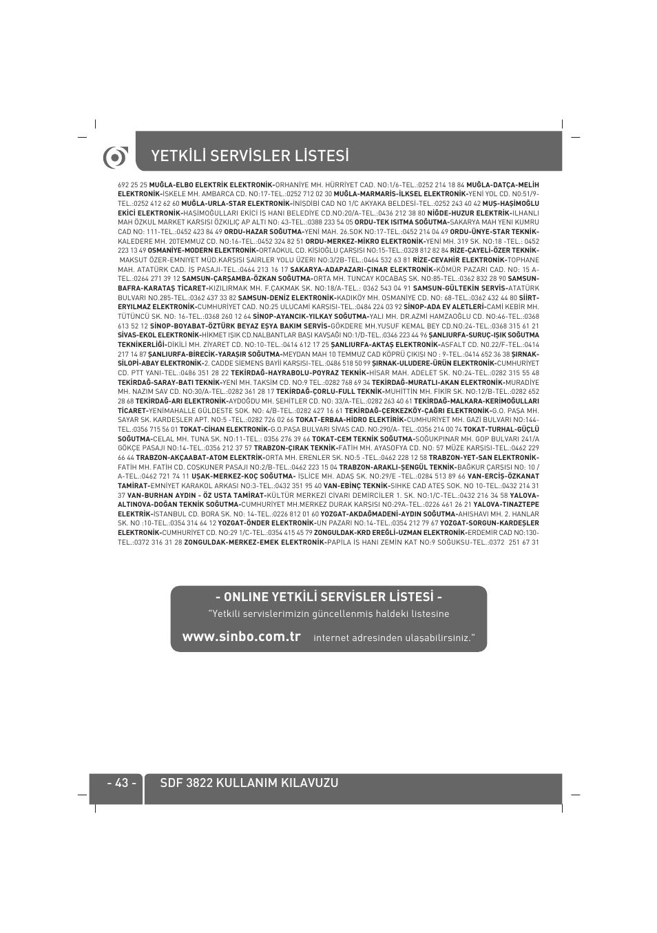Yetk‹l‹ serv‹sler l‹stes | SINBO SDF 3822 User Manual | Page 44 / 48