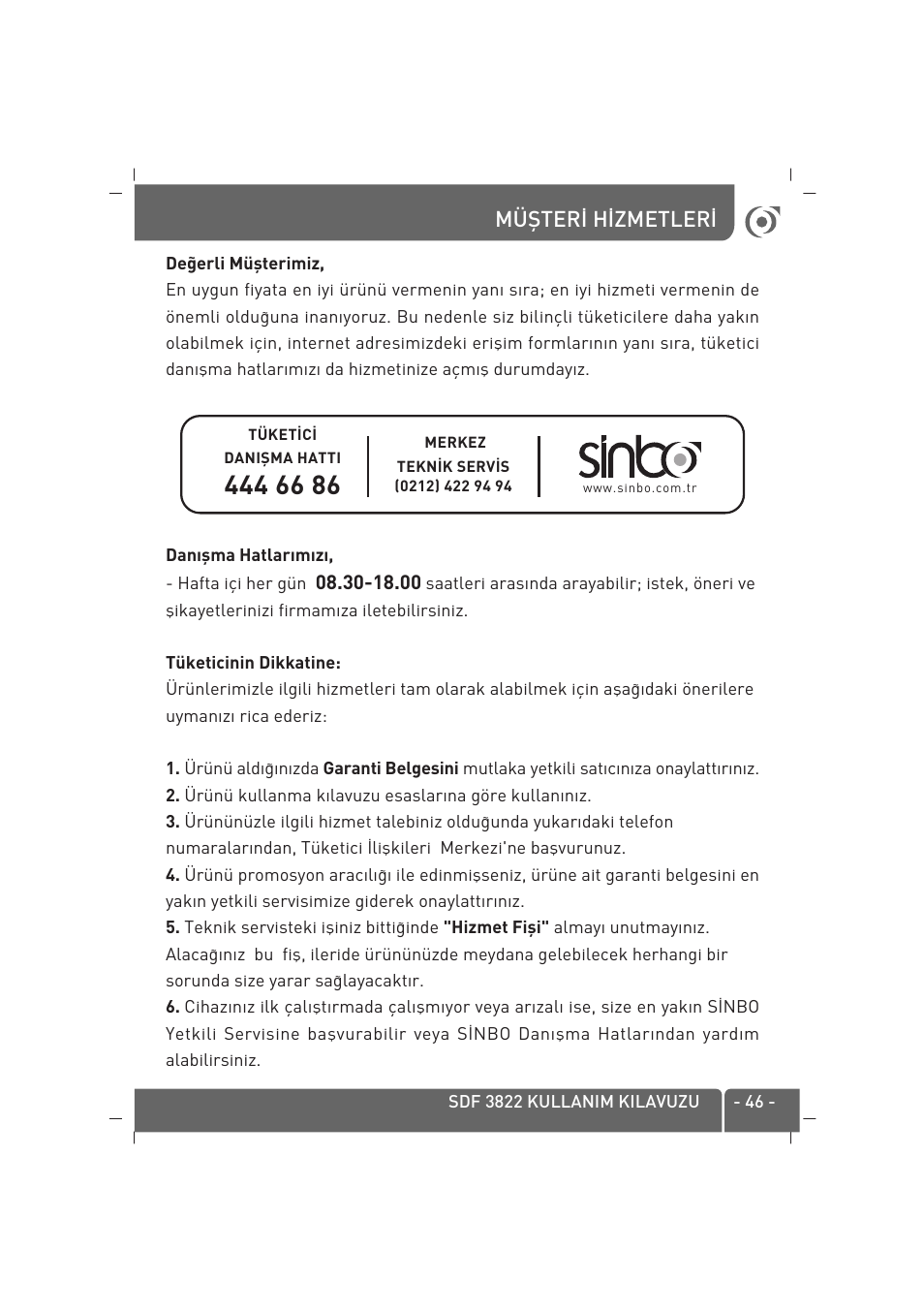 Müfiter‹ h‹zmetler | SINBO SDF 3822 User Manual | Page 47 / 48