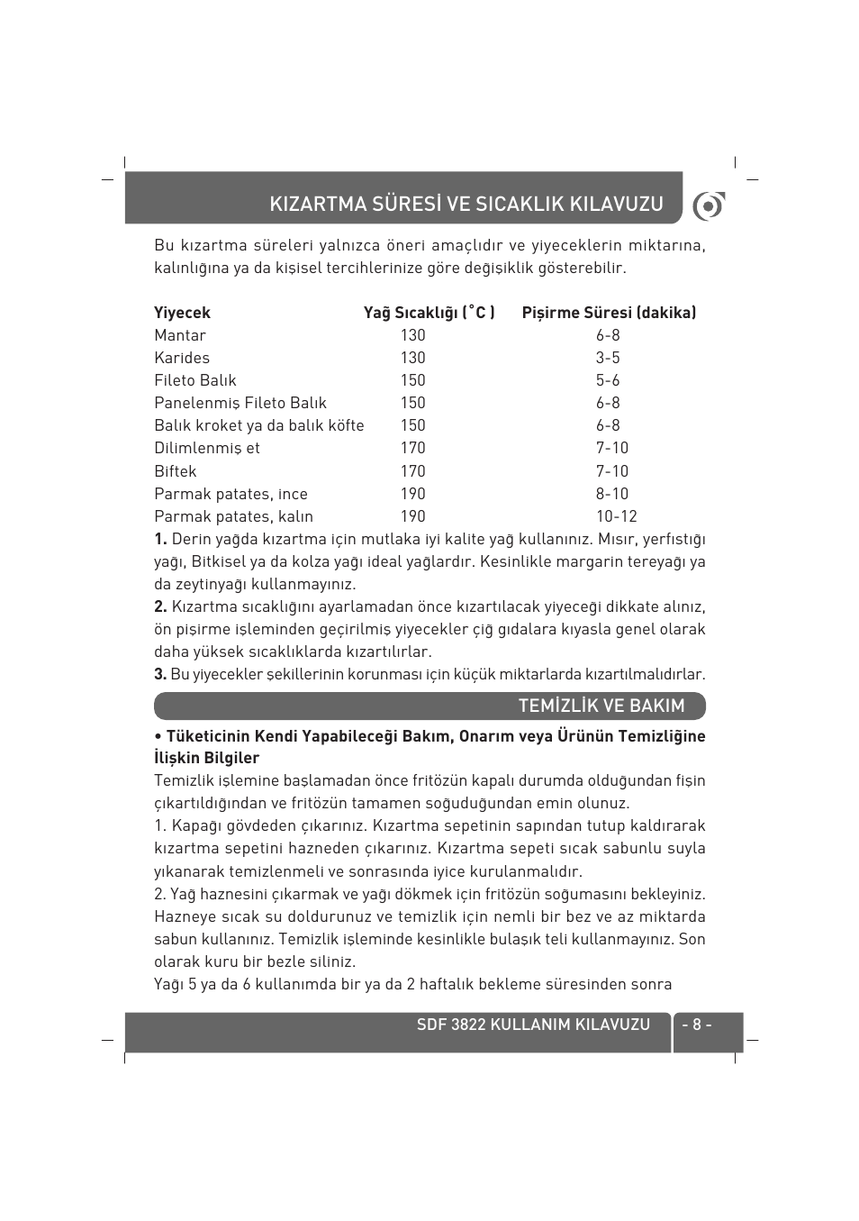 Kizartma süres‹ ve sicaklik kilavuzu | SINBO SDF 3822 User Manual | Page 9 / 48