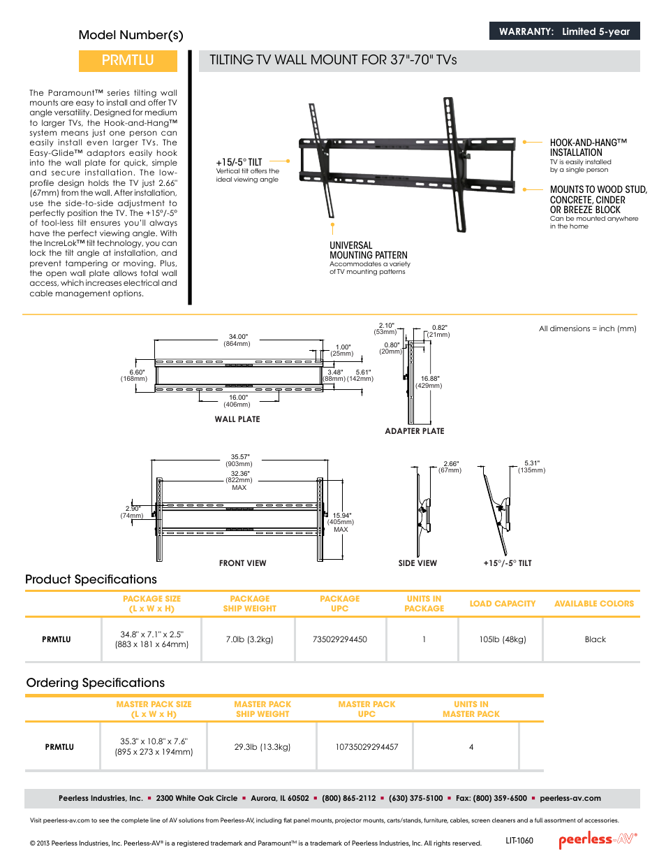 Prmtlu, Tilting tv wall mount for 37"-70" tvs, Model number(s) | Ordering specifications, Product specifications | Peerless-AV PRMTLU  - Sell Sheet User Manual | Page 2 / 2