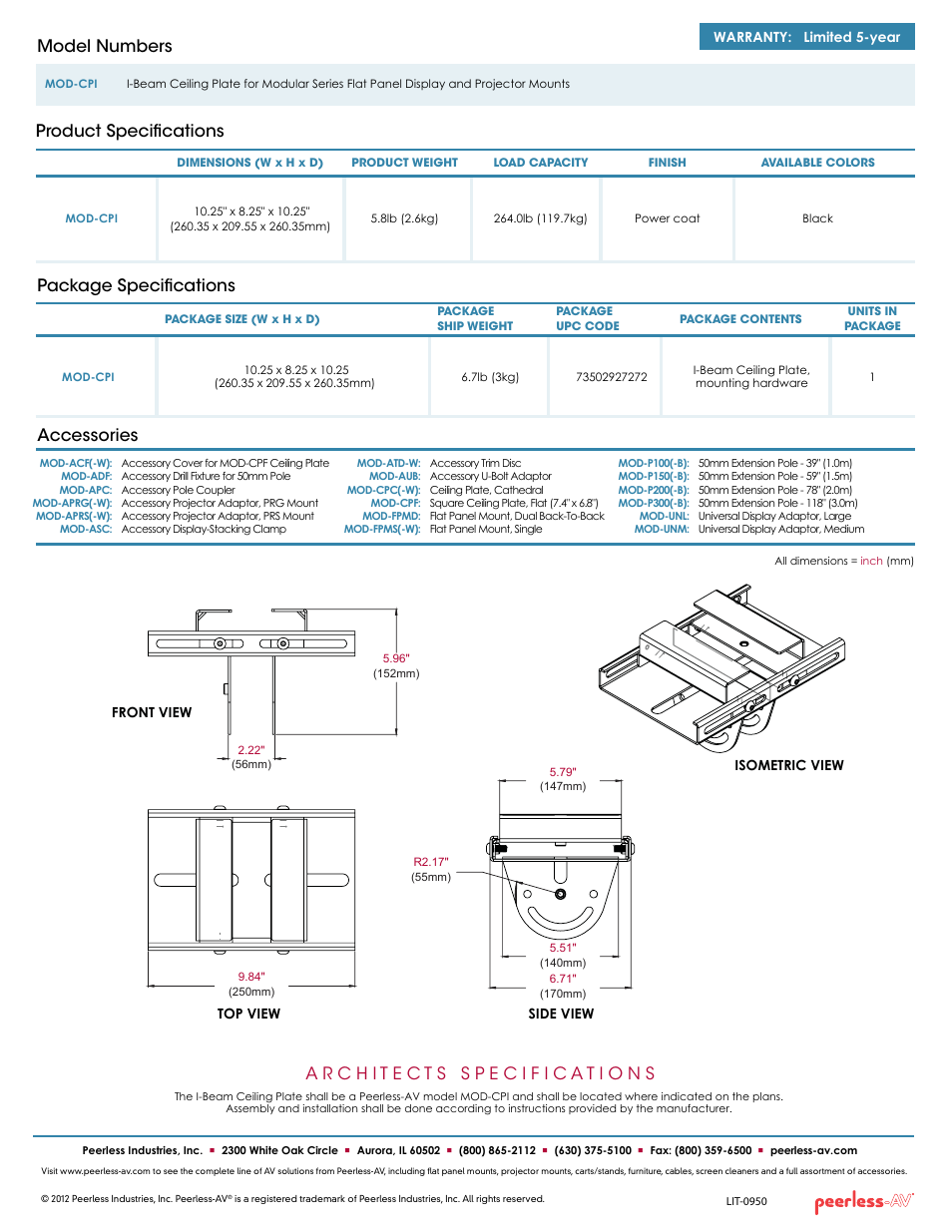 Package specifications, Product specifications model numbers, Accessories | Peerless-AV MOD-CPI  - Sell Sheet User Manual | Page 2 / 2