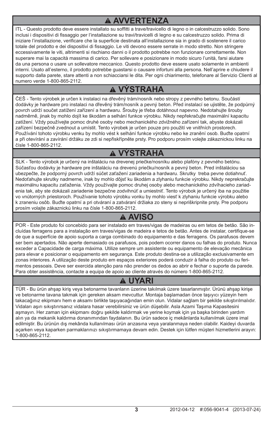 Výstraha, Uyari, Aviso | Avvertenza | Peerless-AV PRGS-UNV - Installation User Manual | Page 3 / 24