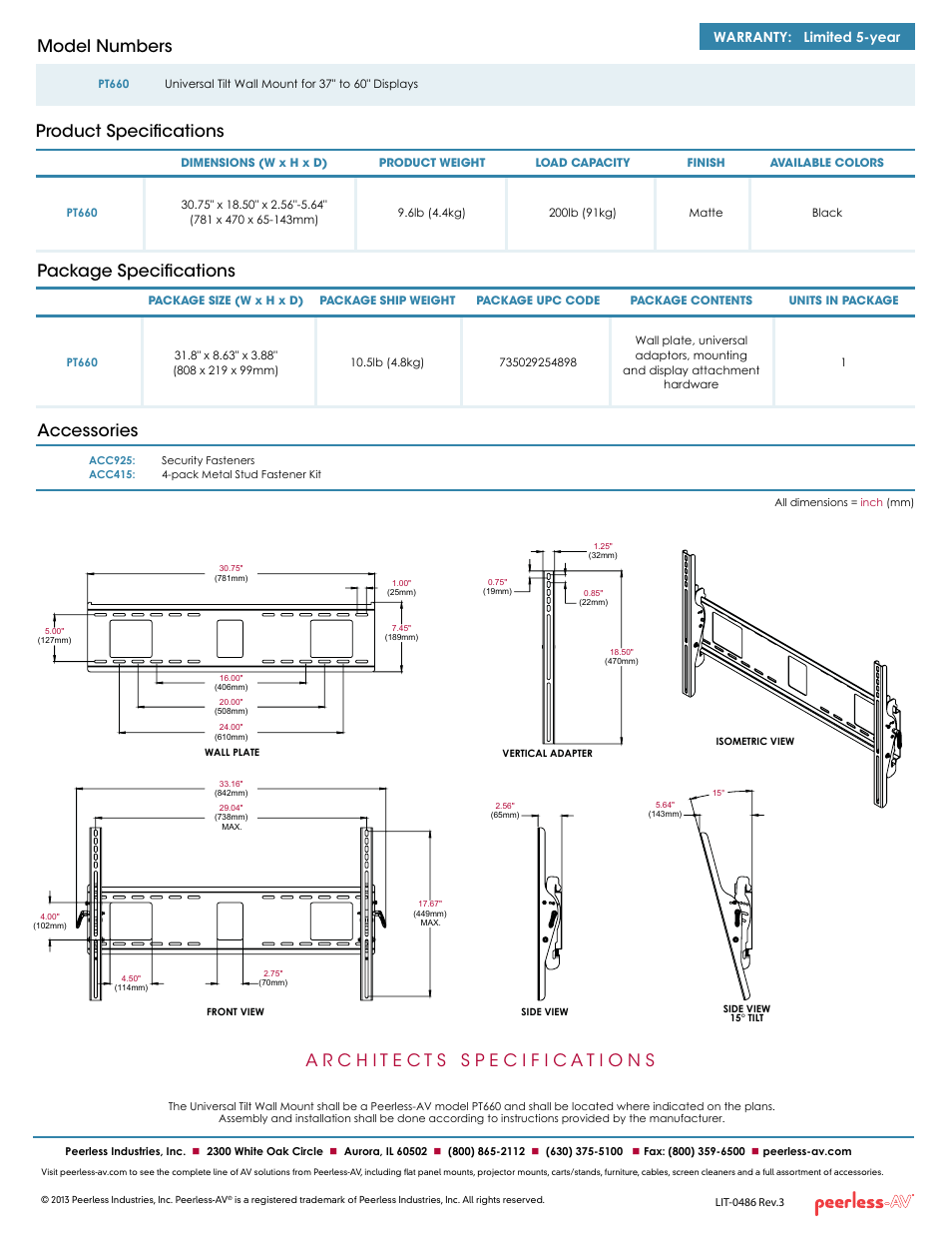Package specifications accessories, Product specifications model numbers, Warranty: limited 5-year | Peerless-AV PT660  - Sell Sheet User Manual | Page 2 / 2