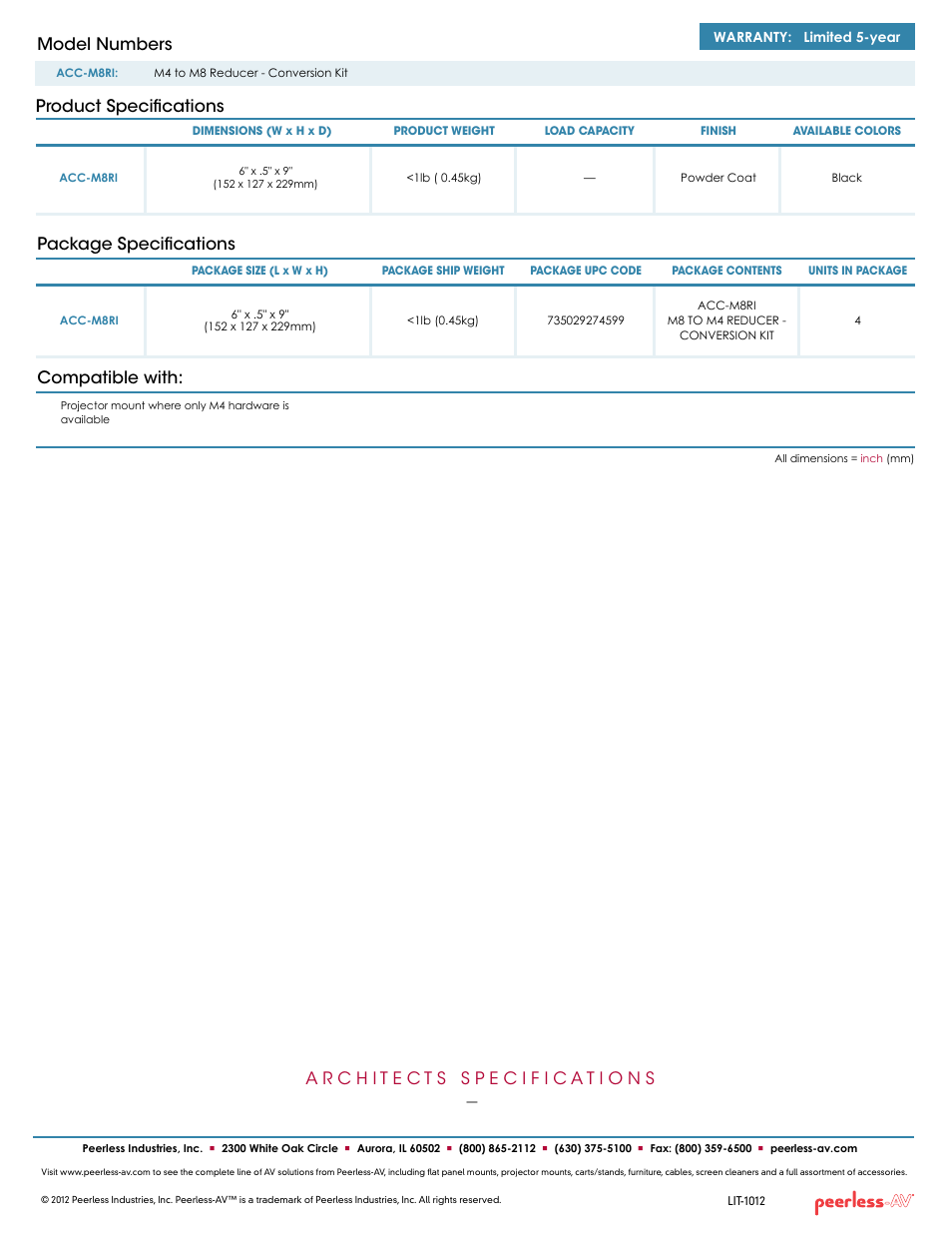 Package specifications compatible with, Product specifications model numbers | Peerless-AV ACC-M8RI  - Sell Sheet User Manual | Page 2 / 2