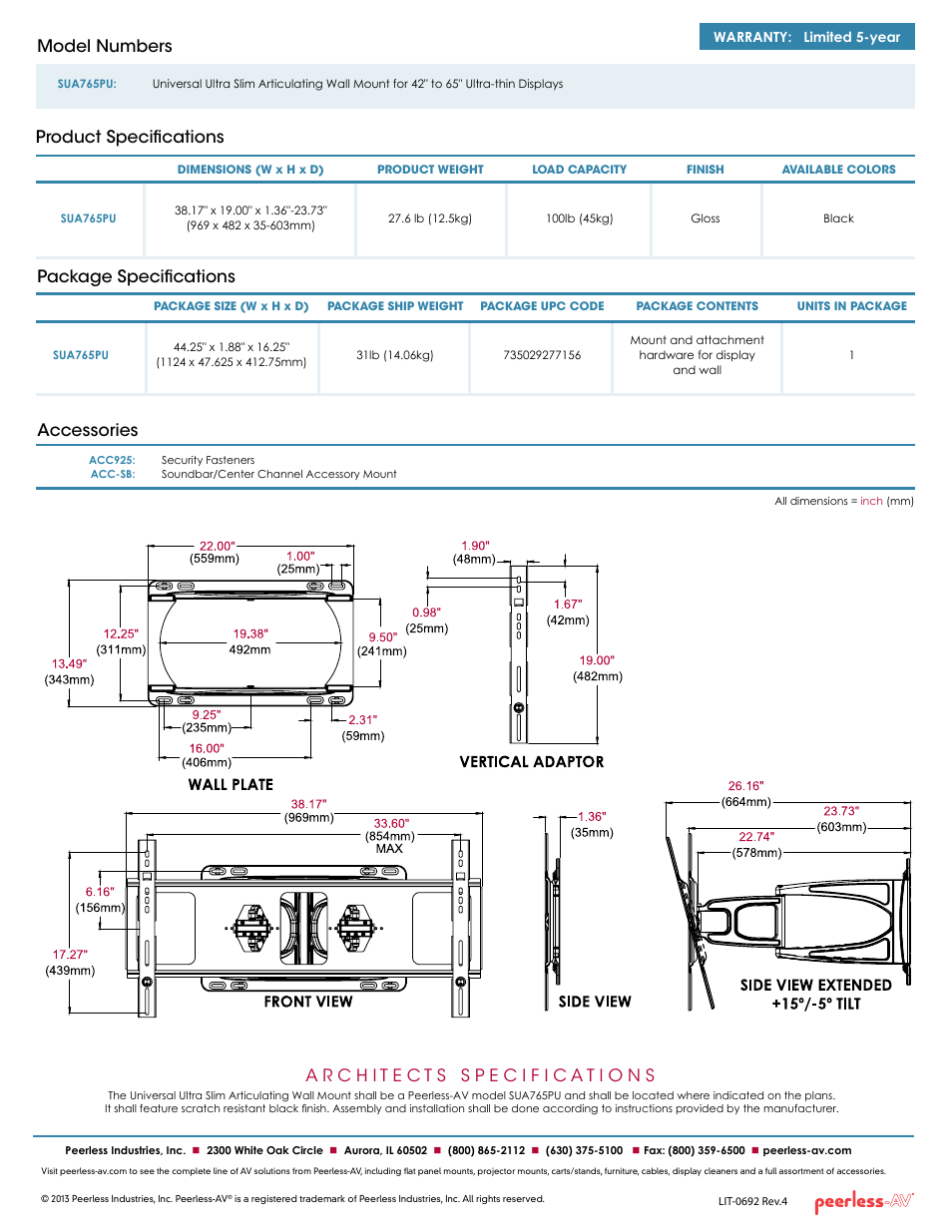 Package specifications accessories, Product specifications model numbers | Peerless-AV SUA765PU  - Sell Sheet User Manual | Page 2 / 2