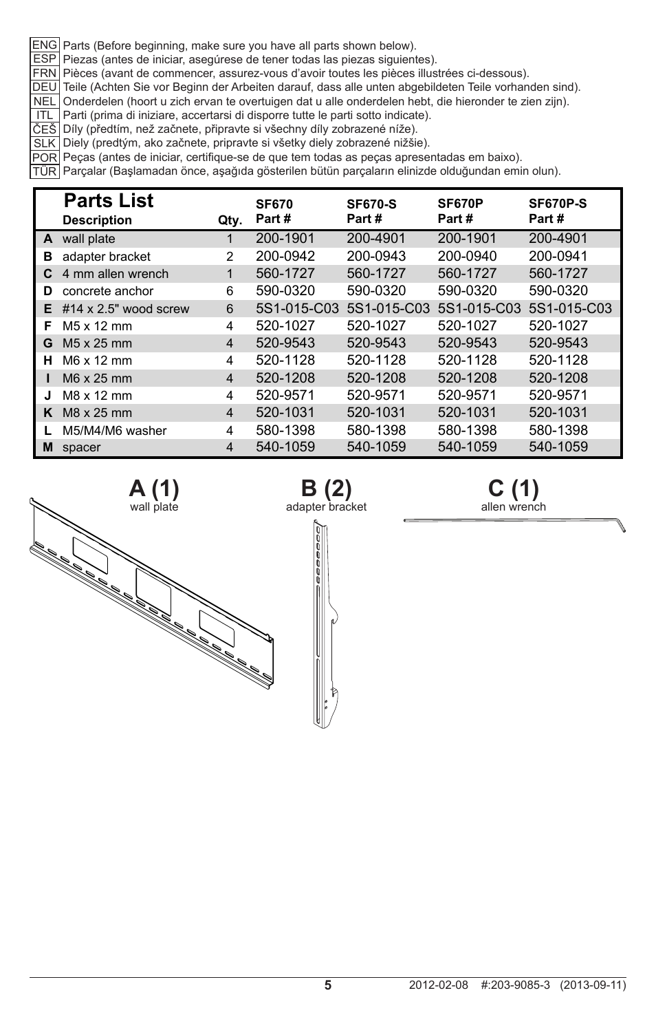A (1), C (1), B (2) | Parts list | Peerless-AV SF670P - Installation User Manual | Page 5 / 20