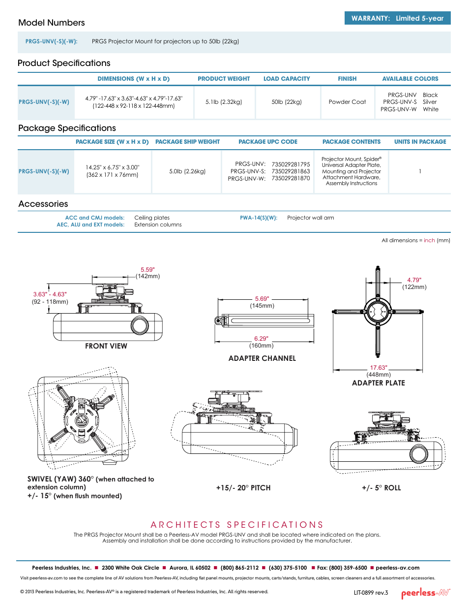 Package specifications accessories, Product specifications model numbers | Peerless-AV PRGS-UNV-W  - Sell Sheet User Manual | Page 2 / 2