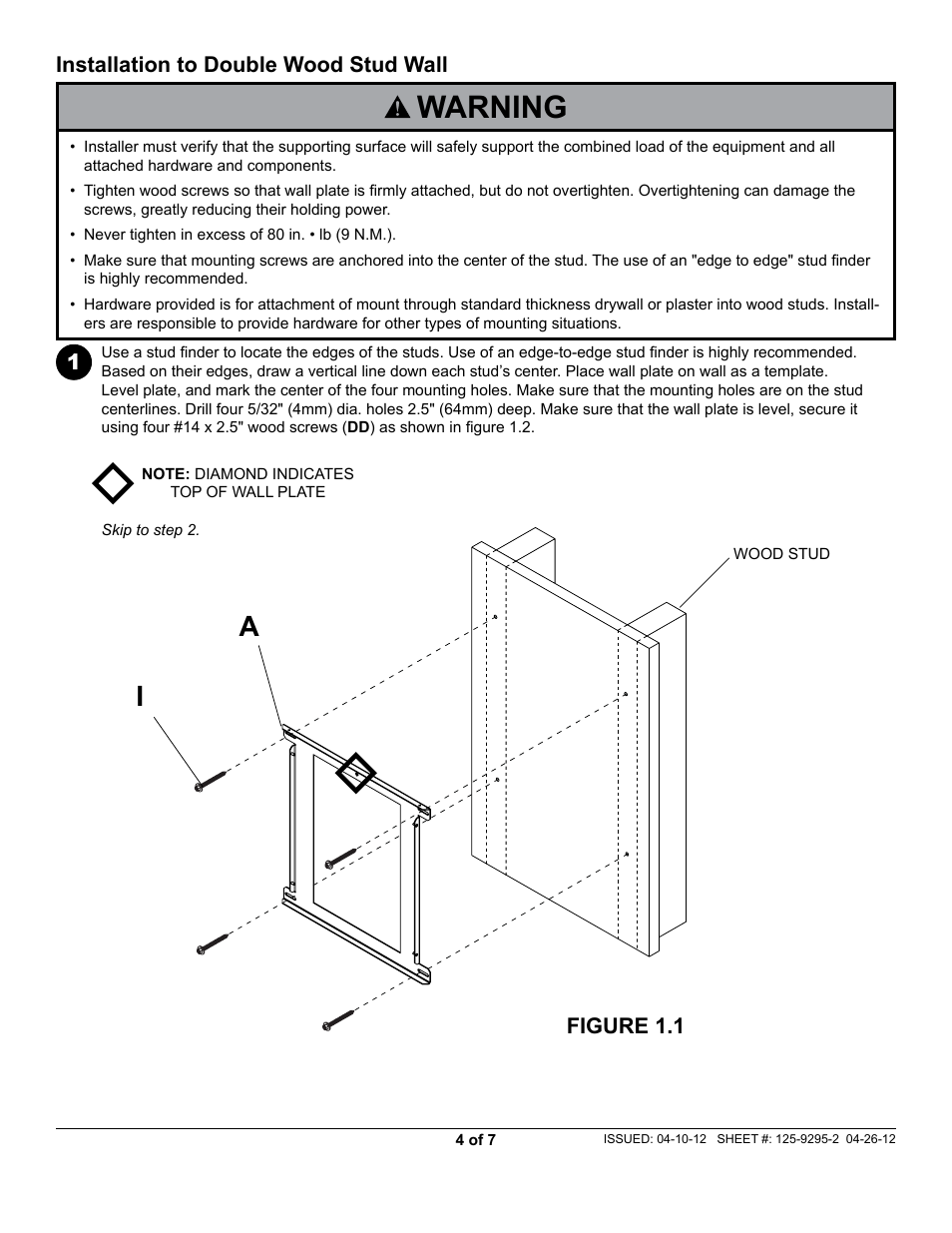 Warning, Installation to double wood stud wall, 1figure 1.1 | Peerless-AV HF642-003 - Installation User Manual | Page 4 / 7