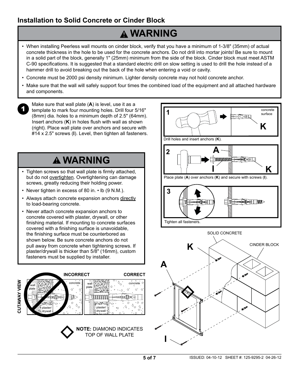 Warning, Ak i, Ai k | Installation to solid concrete or cinder block | Peerless-AV HF642-003 - Installation User Manual | Page 5 / 7