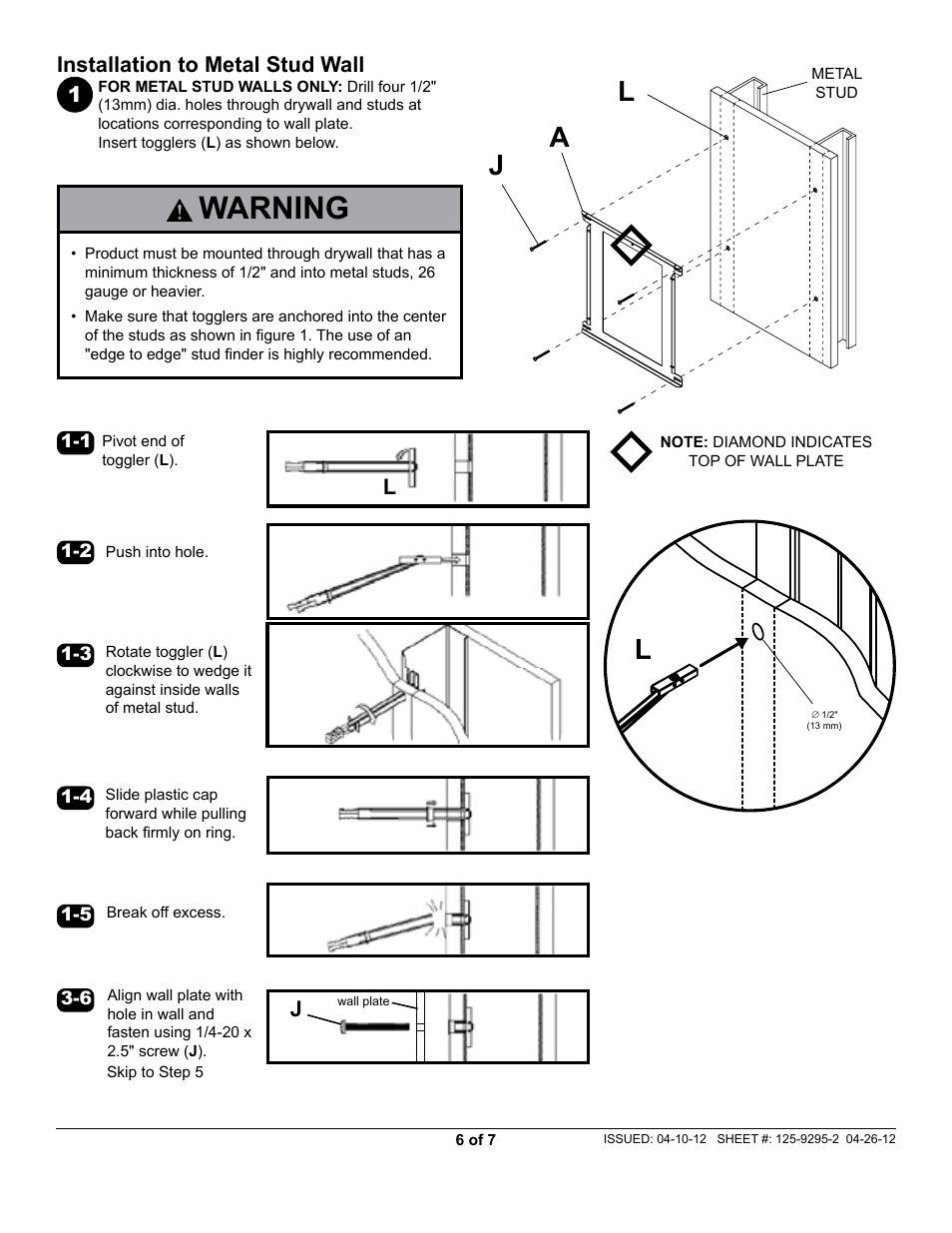 Warning, Lj a, Installation to metal stud wall 1 | Peerless-AV HF642-003 - Installation User Manual | Page 6 / 7