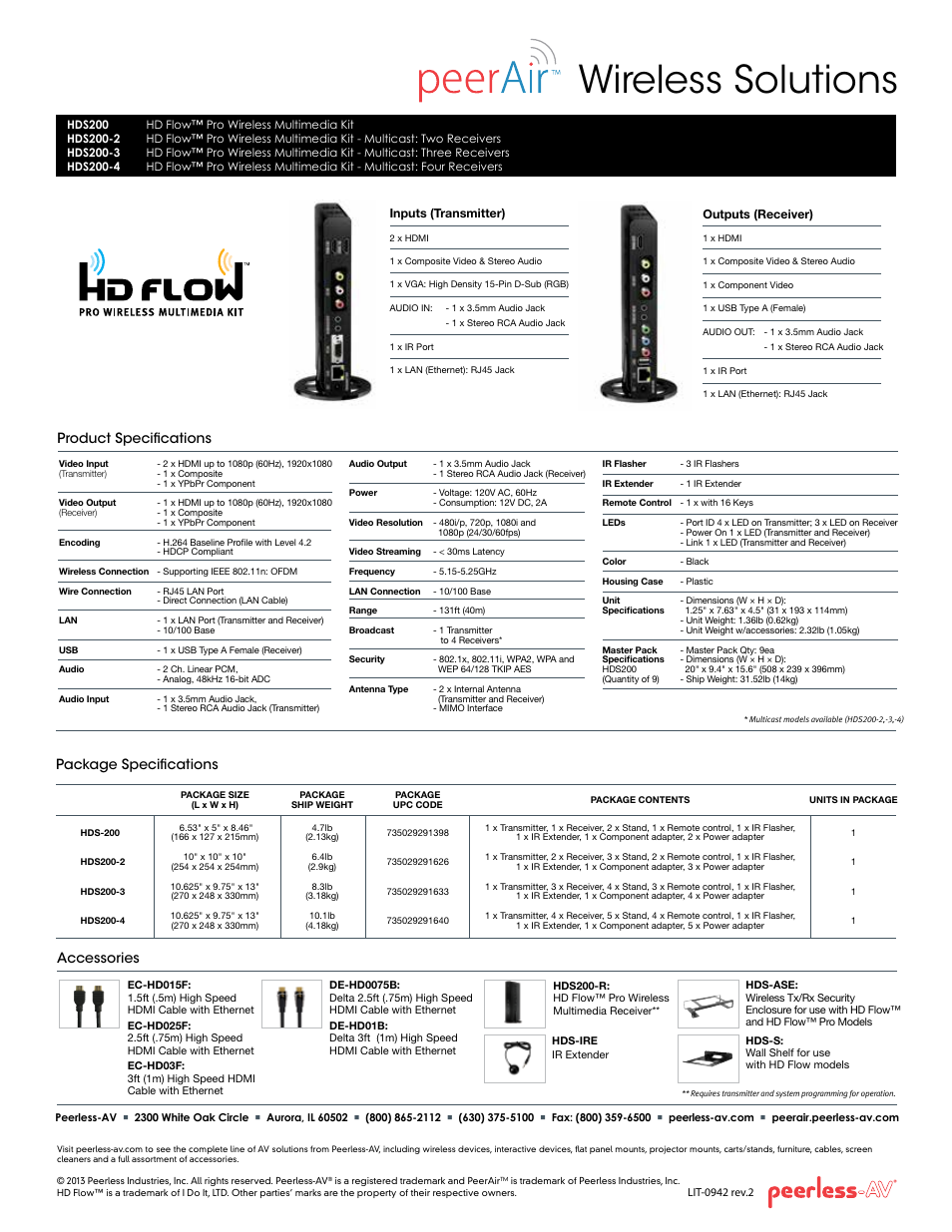 Wireless solutions, Accessories, Package specifications | Product specifications | Peerless-AV HDS200-4  - Sell Sheet User Manual | Page 2 / 2