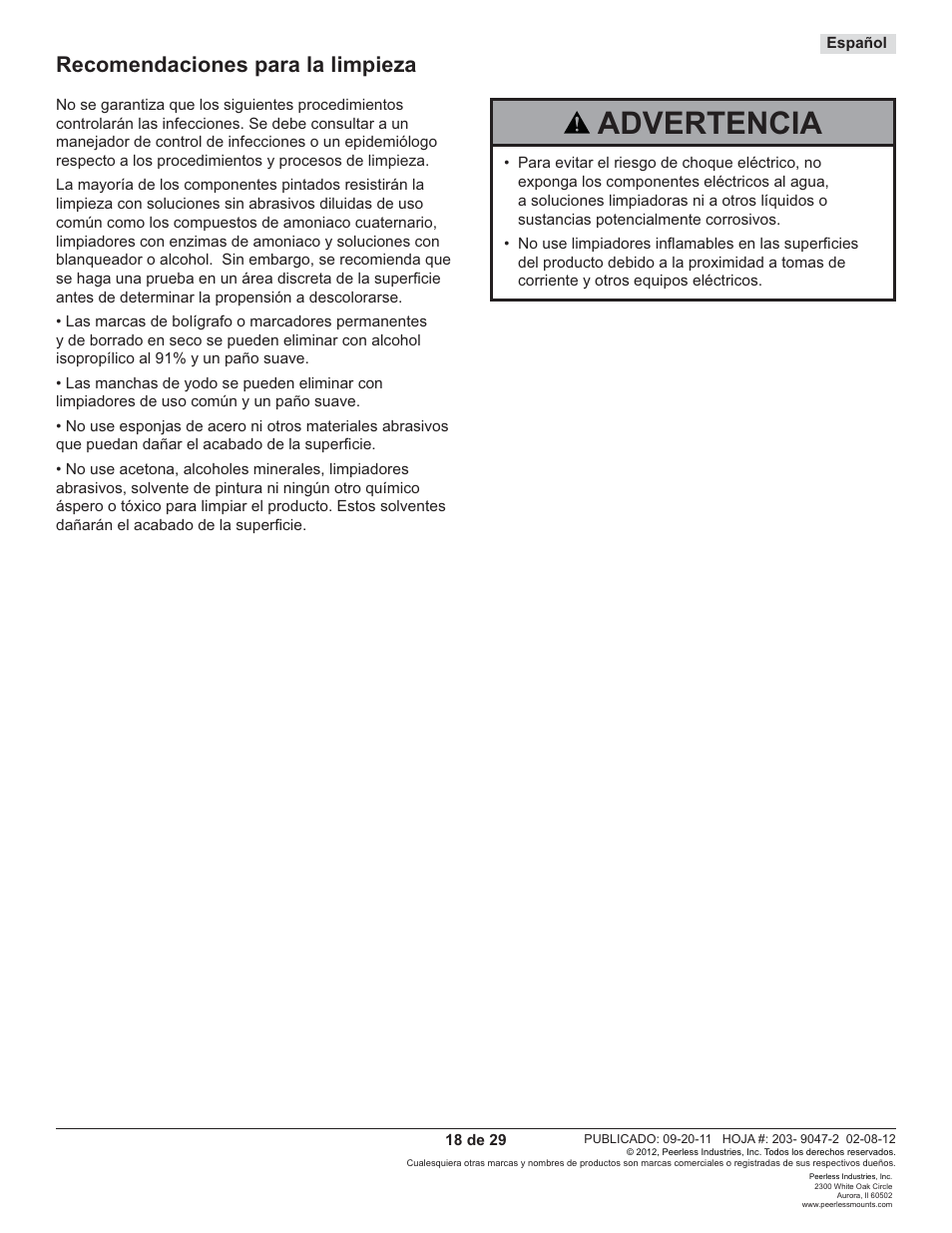 Advertencia, Recomendaciones para la limpieza | Peerless-AV ST632-AW - Installation User Manual | Page 18 / 29
