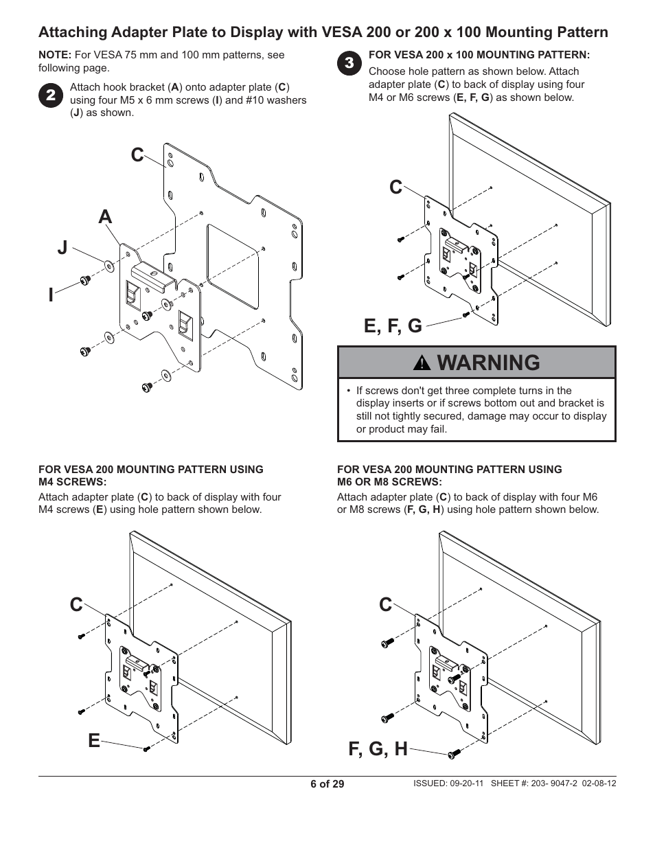 Warning, Ja c i, Ef, g, h | Ce, f, g | Peerless-AV ST632-AW - Installation User Manual | Page 6 / 29