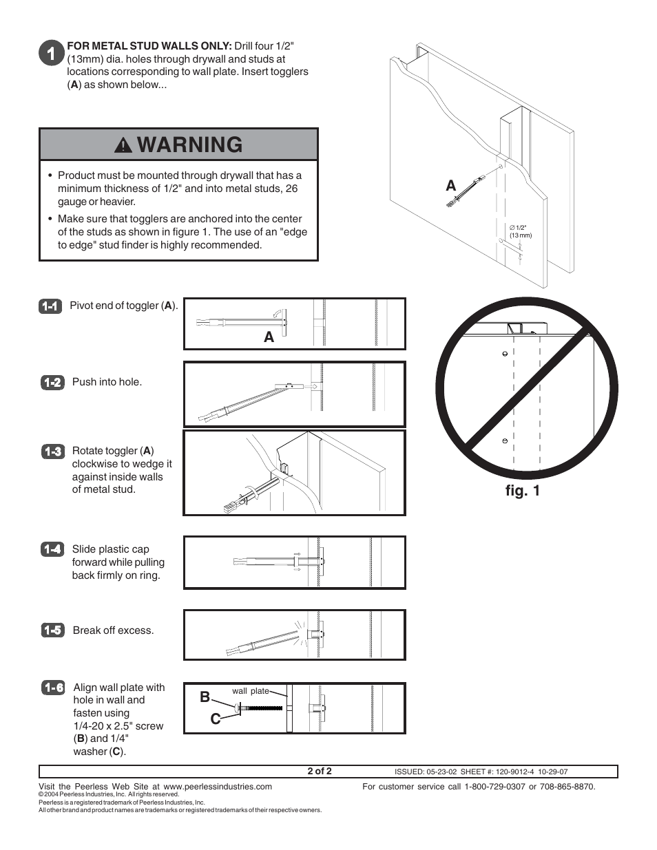 Warning, Fig. 1 | Peerless-AV ACC615 - Installation User Manual | Page 2 / 2