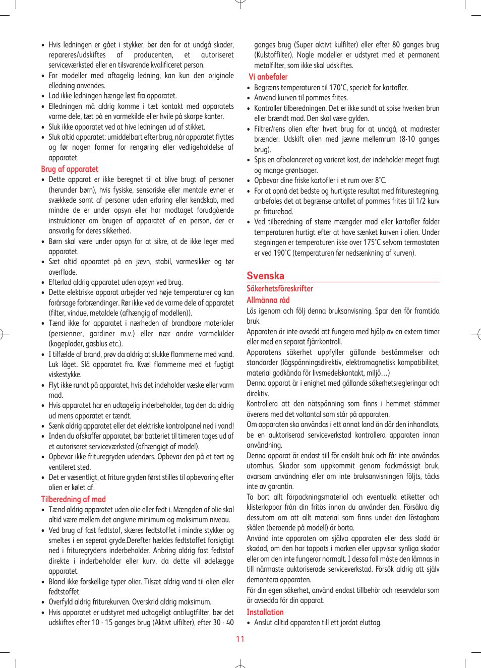 Svenska | Tefal FF1024 User Manual | Page 11 / 32